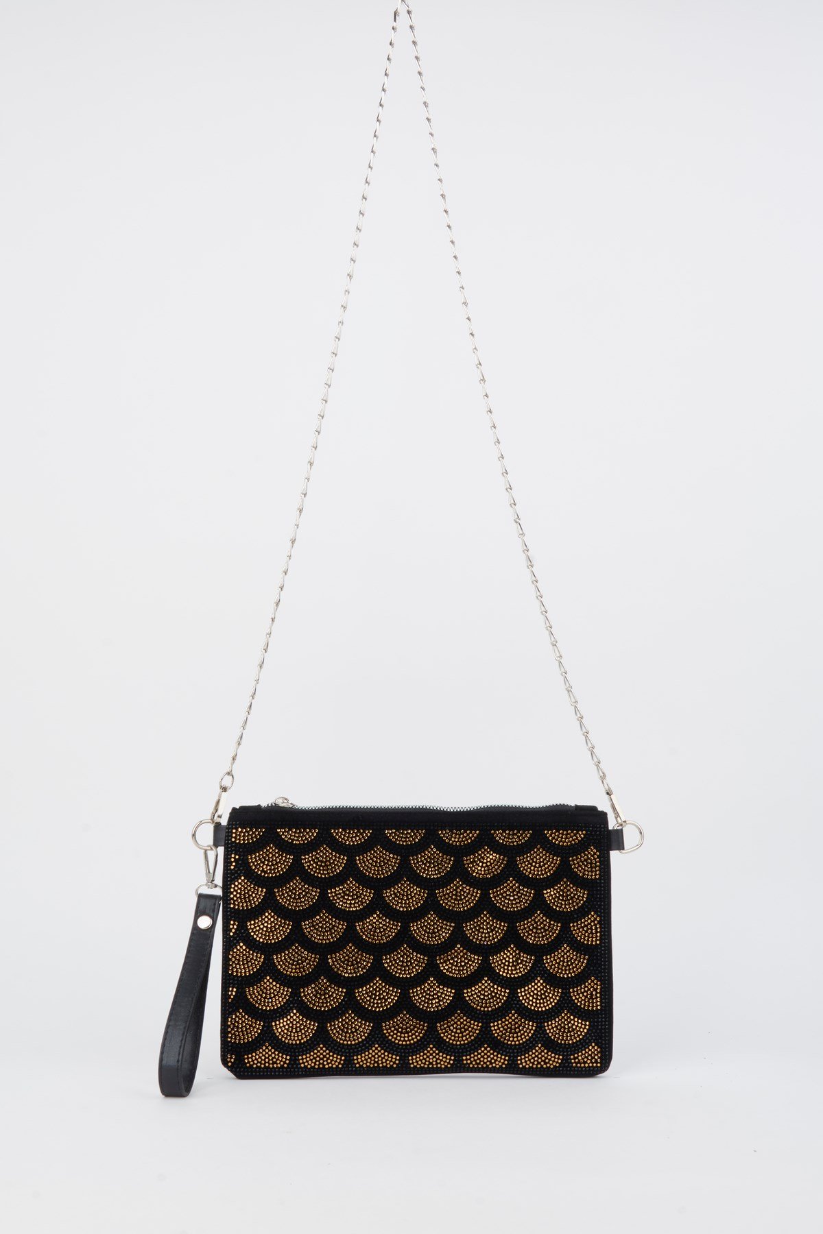 Kadın Yelpazer Altın Taşlı Süet Bilek Askılı Ve Zincir Askılı Portföy El Ve Clutch Çanta