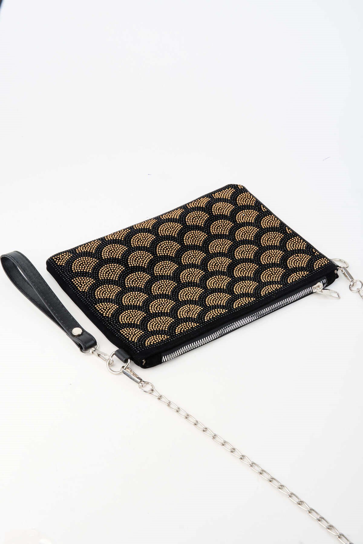 Kadın Yelpazer Altın Taşlı Süet Bilek Askılı Ve Zincir Askılı Portföy El Ve Clutch Çanta