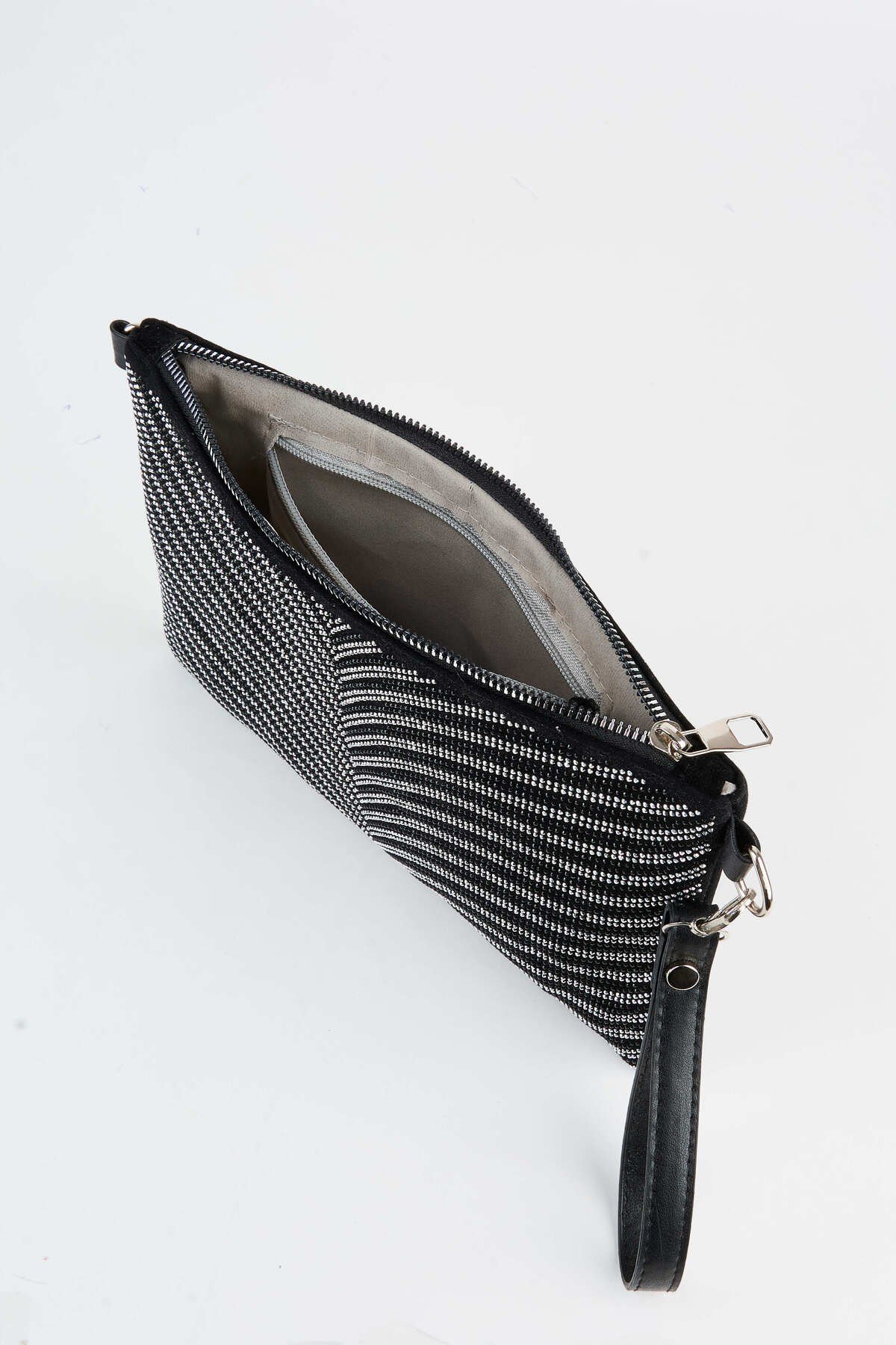 Kadın Zebra Gümüş Taşlı Süet Bilek Askılı Ve Zincir Askılı Portföy El Ve Clutch Çanta