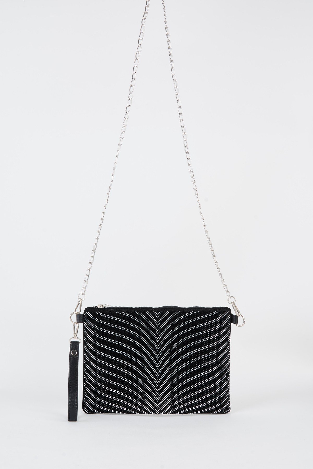 Kadın Zebra Gümüş Taşlı Süet Bilek Askılı Ve Zincir Askılı Portföy El Ve Clutch Çanta