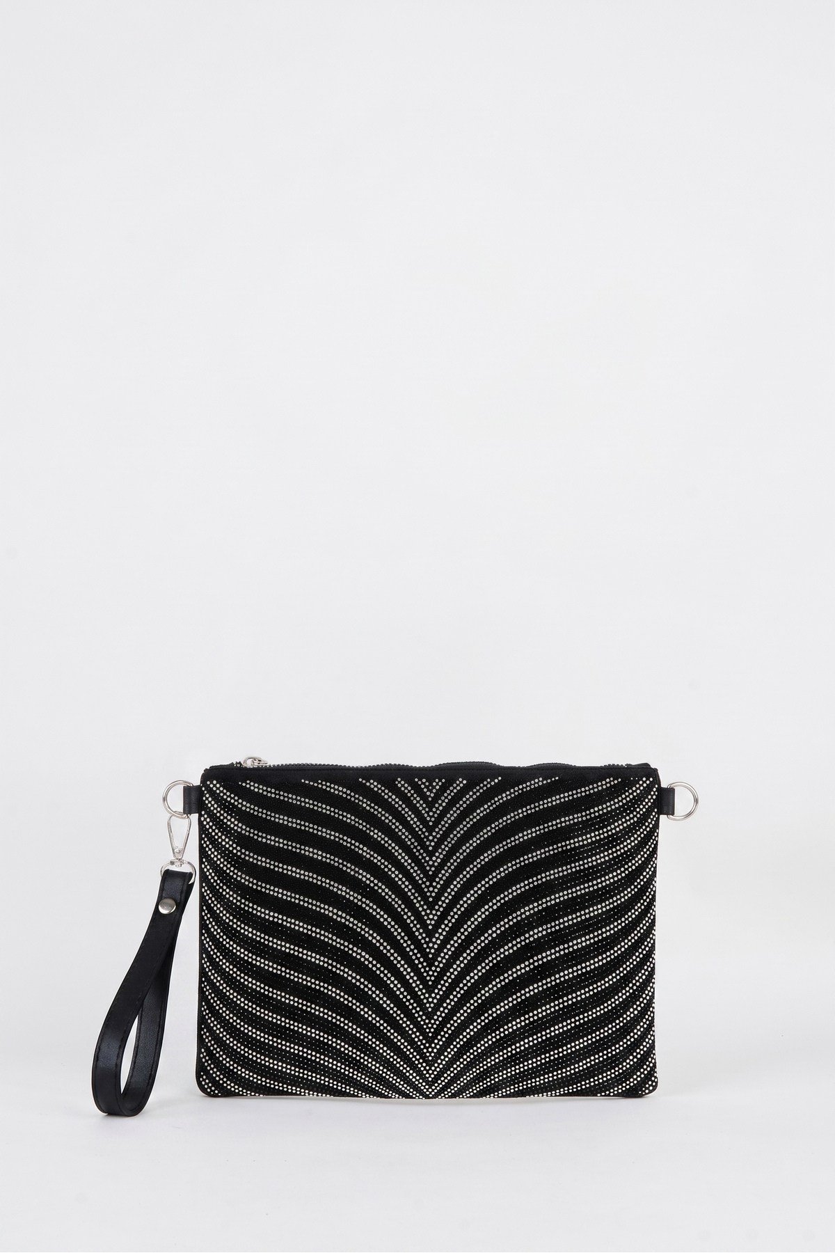 Kadın Zebra Gümüş Taşlı Süet Bilek Askılı Ve Zincir Askılı Portföy El Ve Clutch Çanta