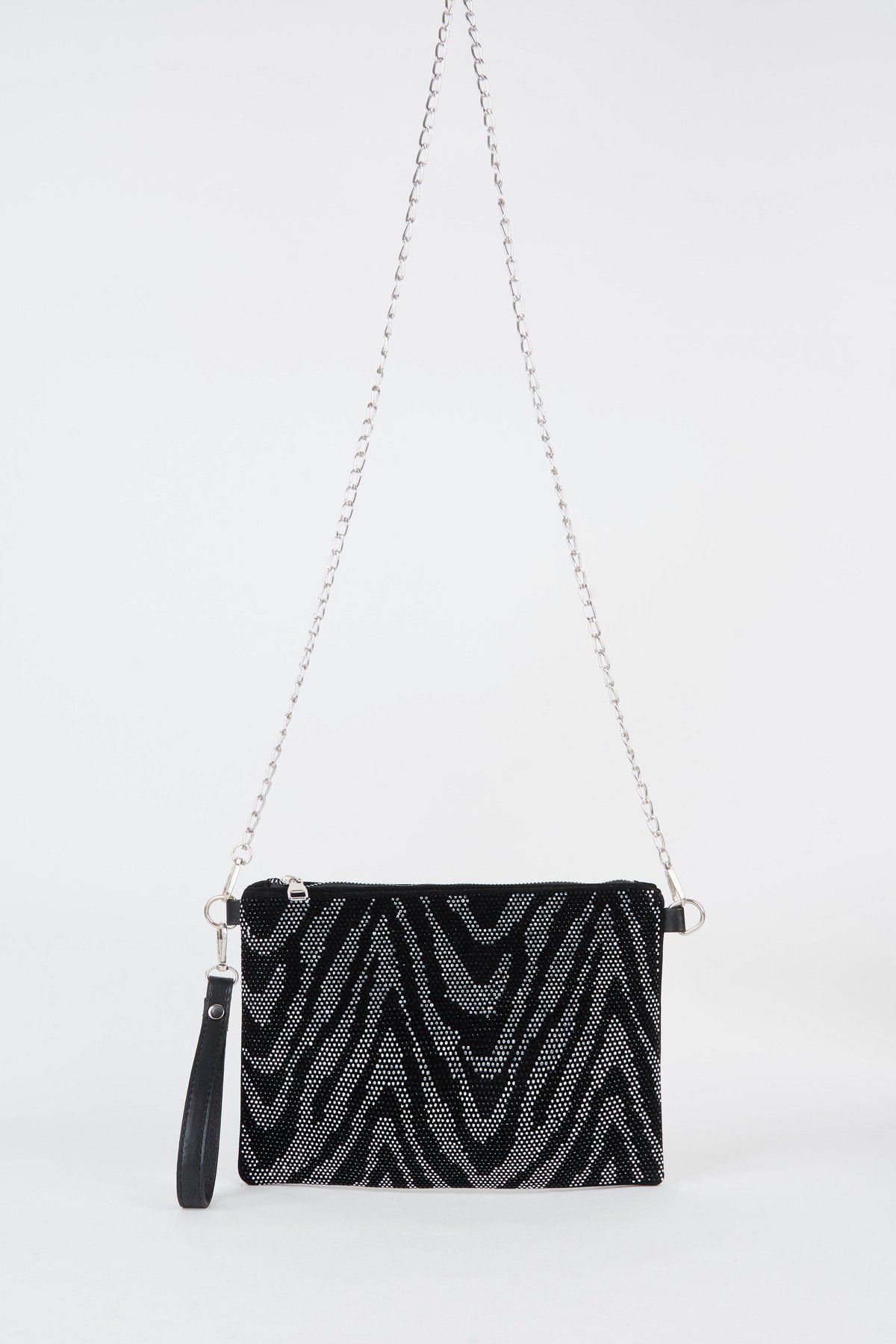Kadın Zikzak Gümüş Taşlı Süet Bilek Askılı Ve Zincir Askılı Portföy El Ve Clutch Çanta