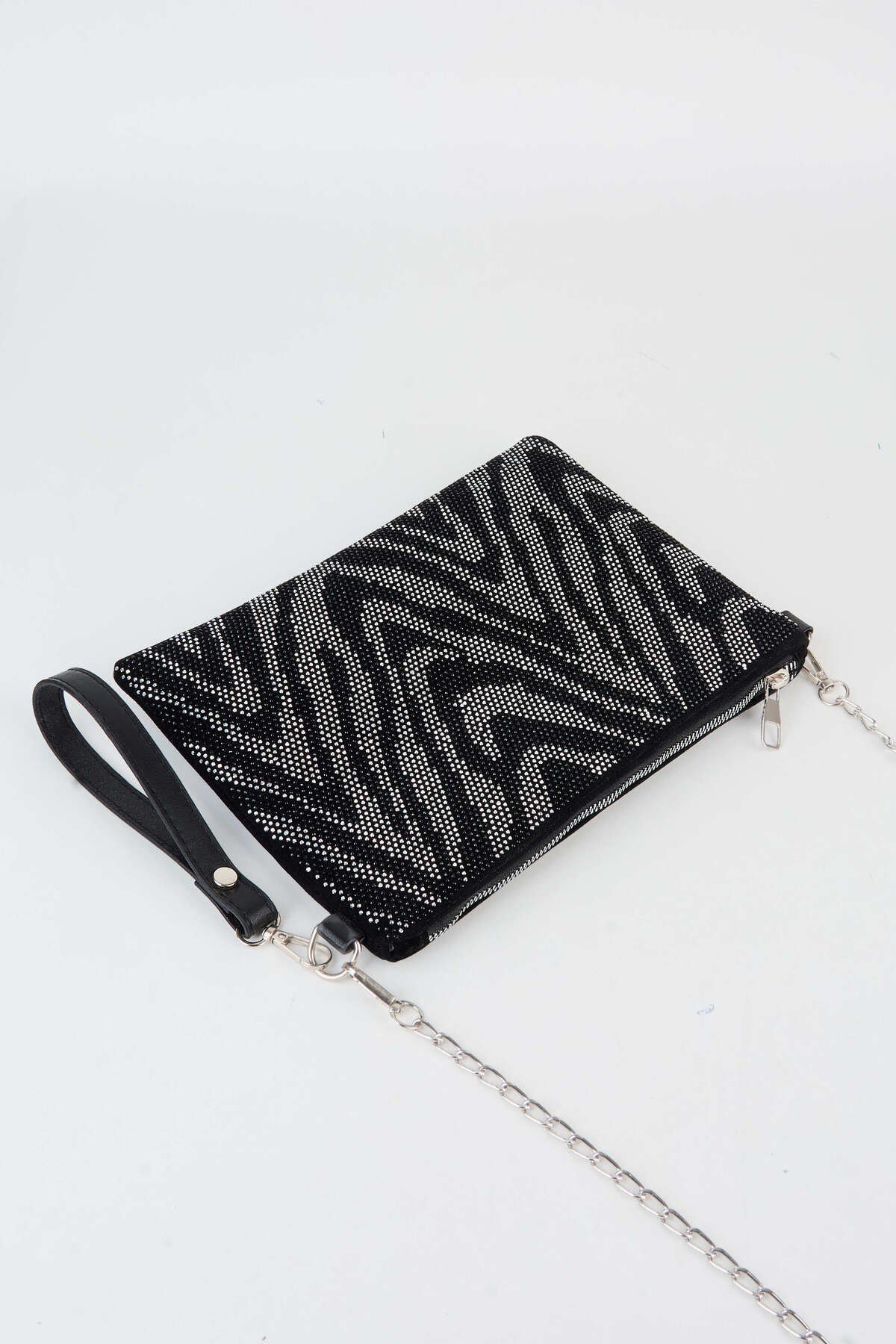 Kadın Zikzak Gümüş Taşlı Süet Bilek Askılı Ve Zincir Askılı Portföy El Ve Clutch Çanta