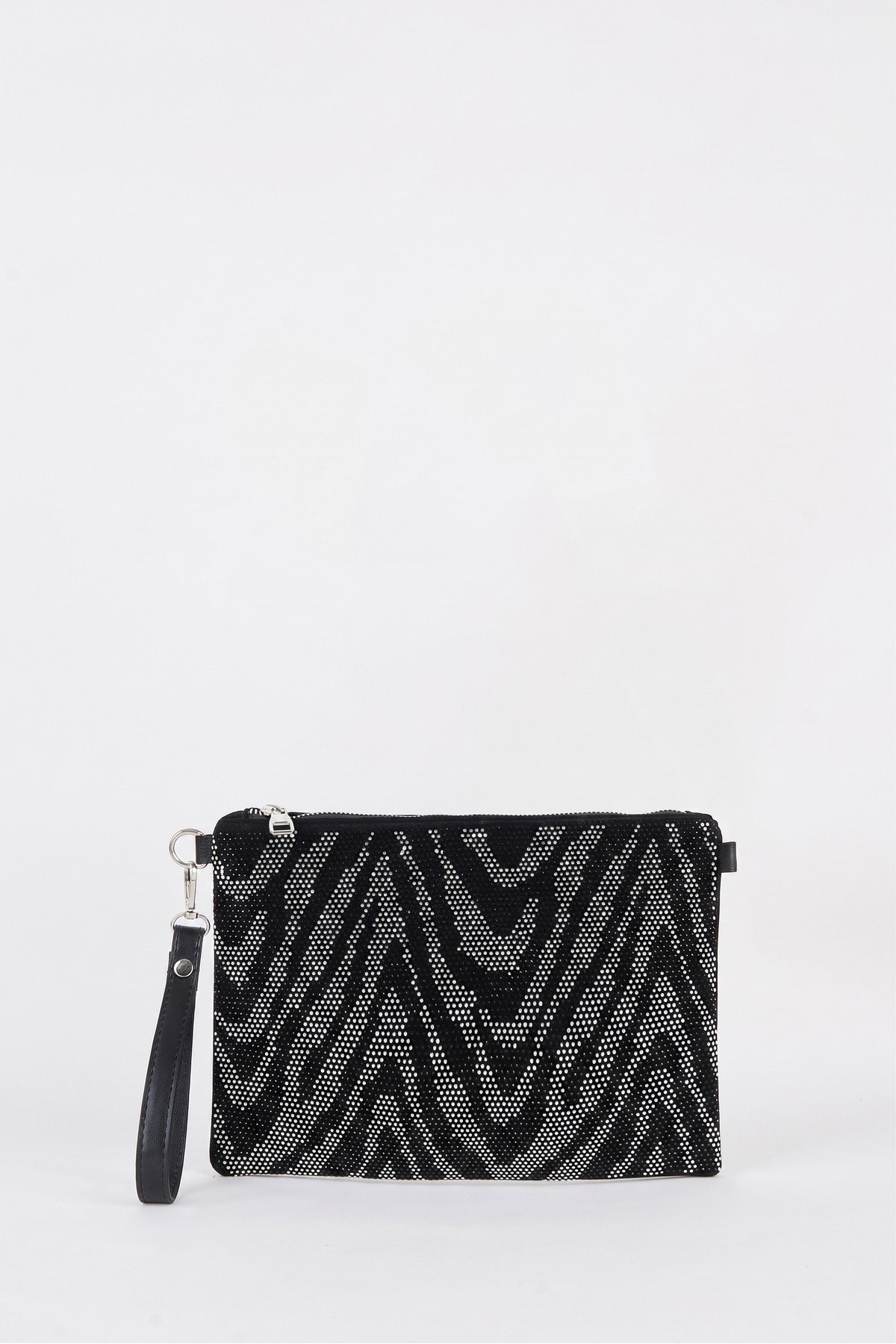 Kadın Zikzak Gümüş Taşlı Süet Bilek Askılı Ve Zincir Askılı Portföy El Ve Clutch Çanta
