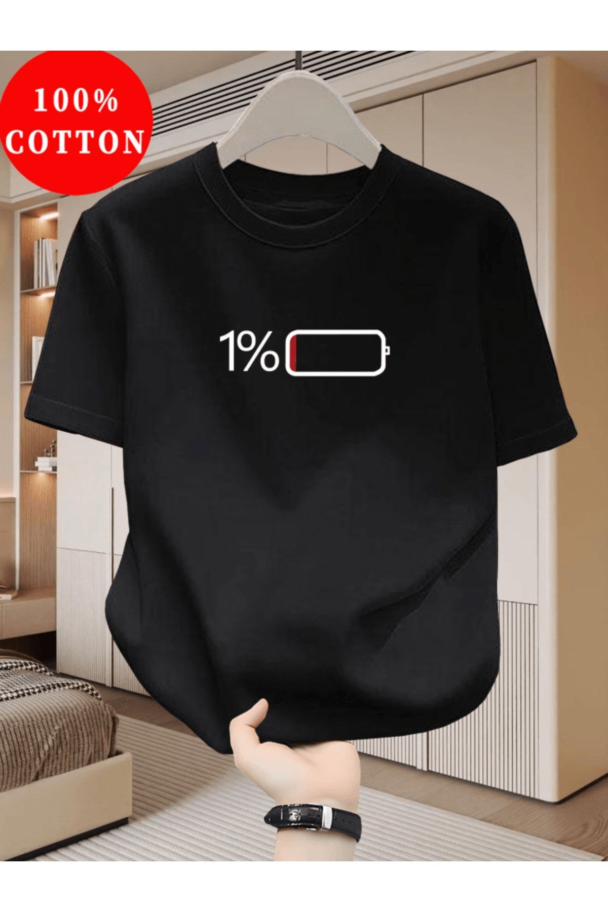 %1 Şarj Düşük Batarya Baskılı Premium Oversize T-shirt