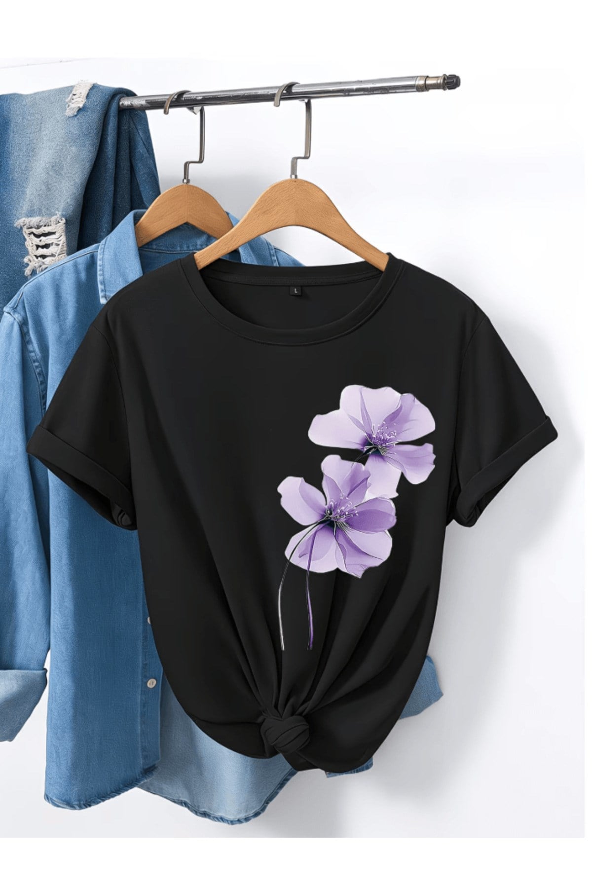 2 Adet Mor Çiçek Baskılı Premium Oversize T-shirt