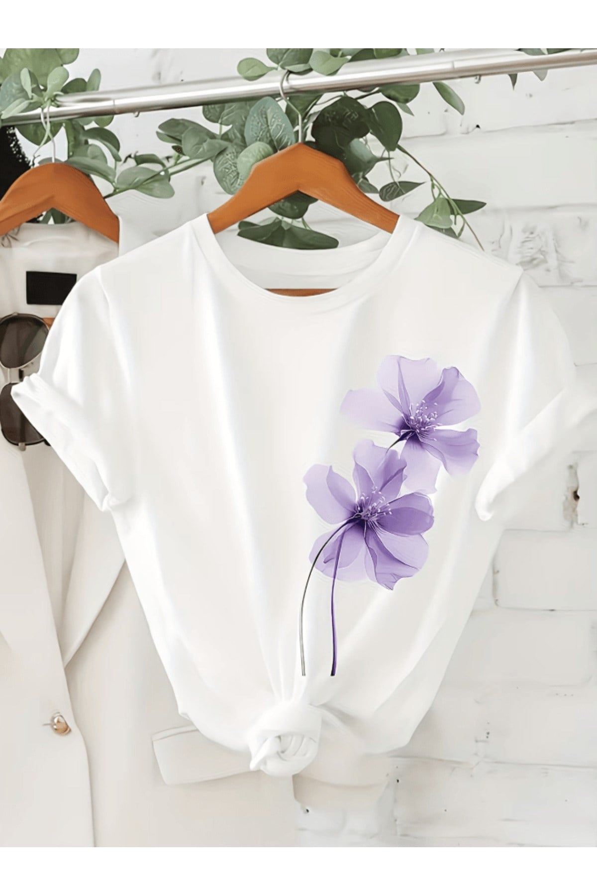 2 Adet Mor Çiçek Baskılı Premium Oversize T-shirt