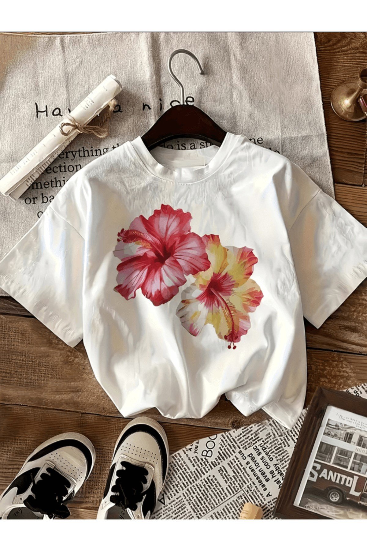 2 Adet Pembe Sarı Renk Baskılı Premium Oversize T-shirt