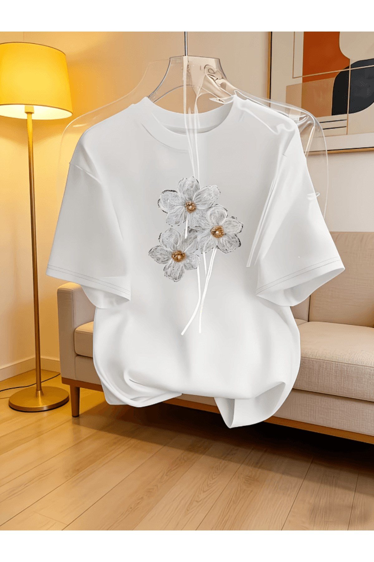 3 Adet Dikey Baskı Papatya Tasarım Baskılı Premium Oversize T-shirt