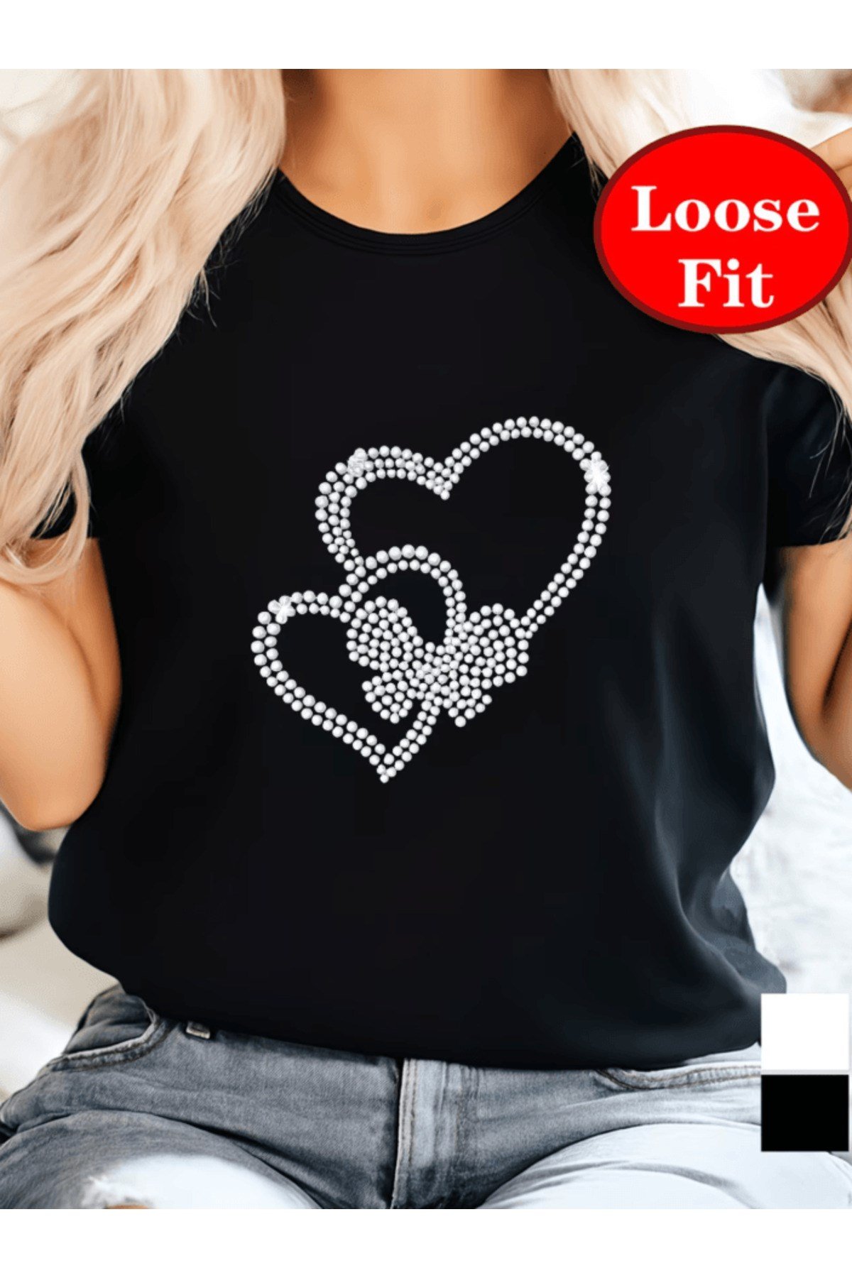 3 Adet İnci Kalp Baskılı Premium Oversize T-shirt