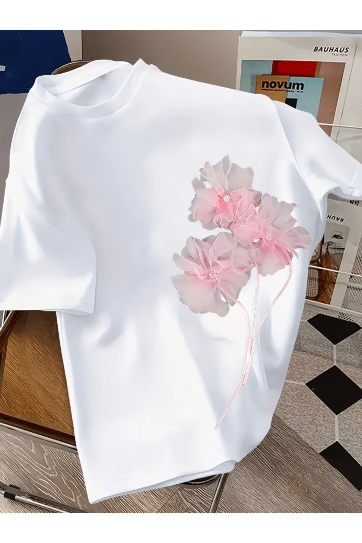 3 Adet Pembe Çiçek Buket Baskılı Premium Oversize T-shirt