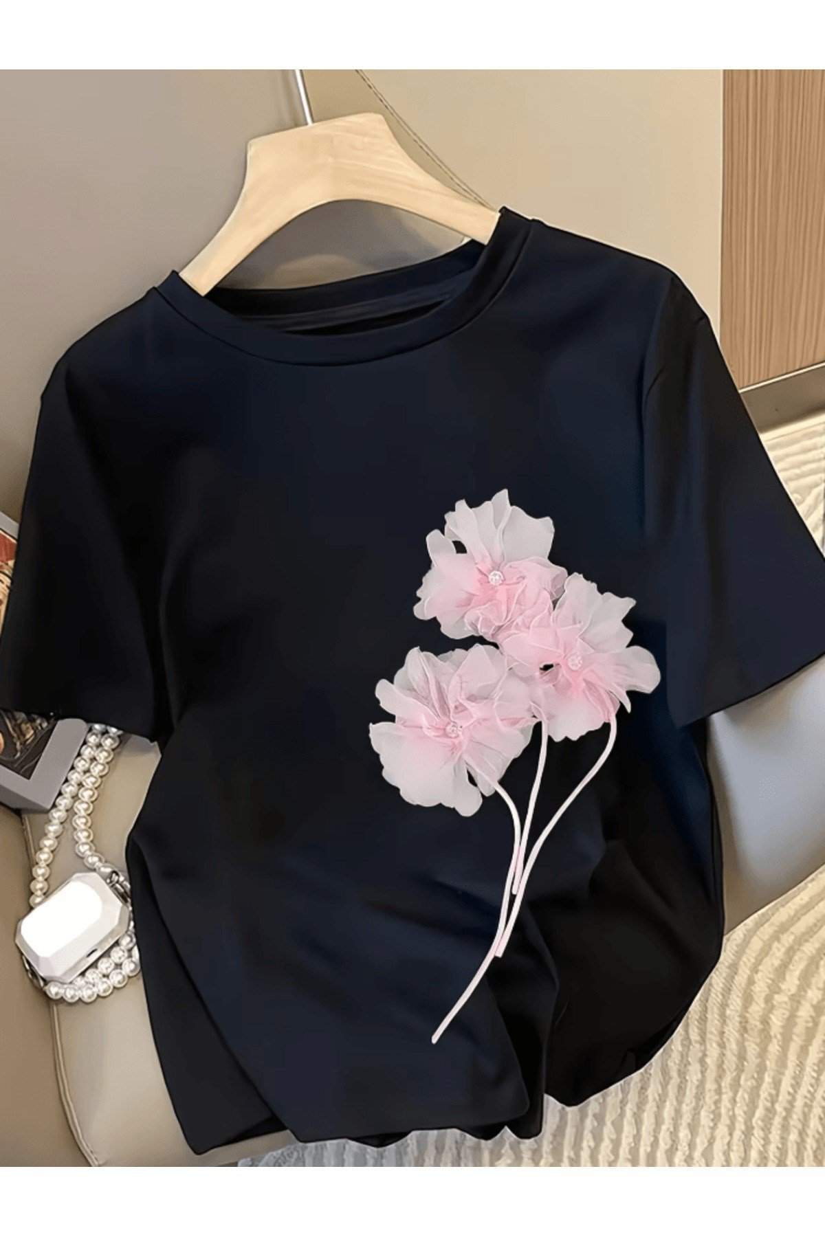 3 Adet Pembe Çiçek Buket Baskılı Premium Oversize T-shirt