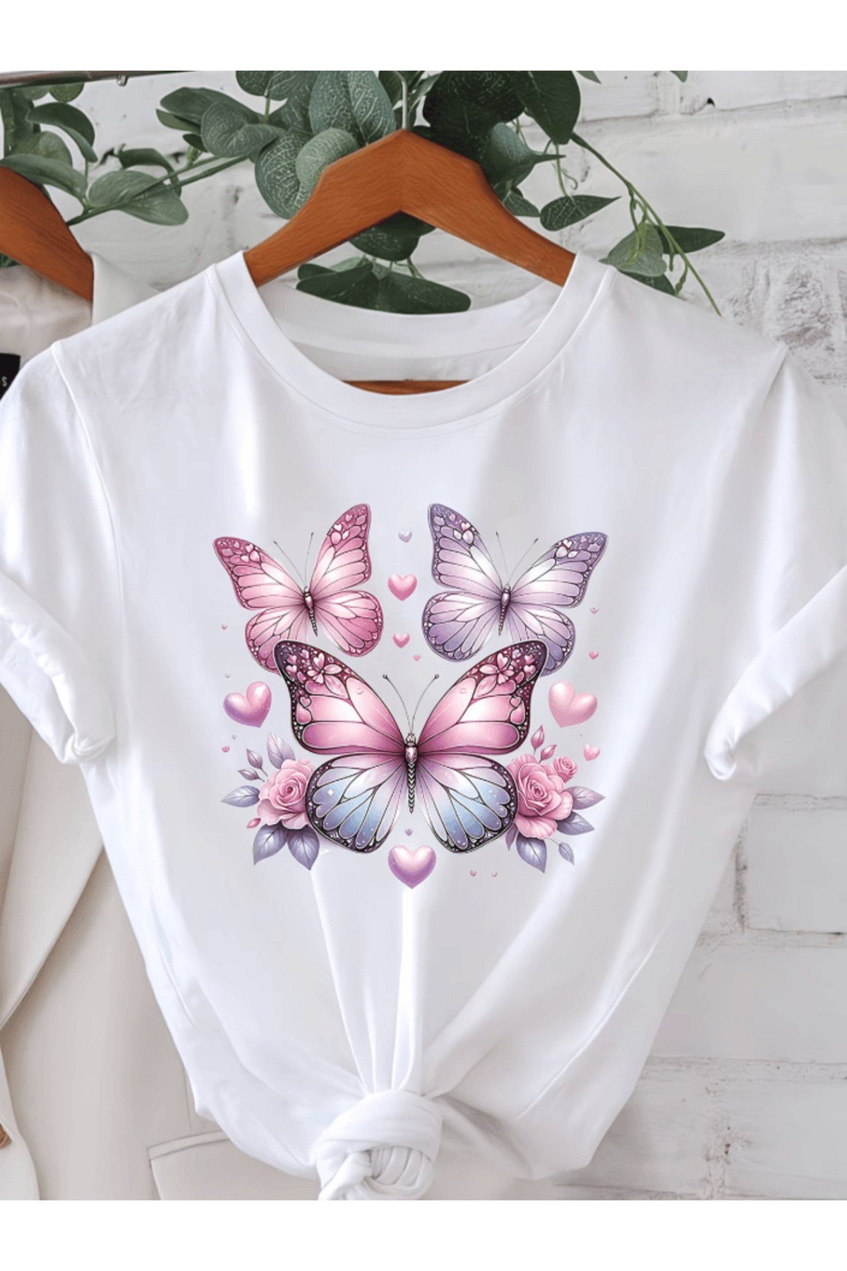 3 Adet Pembe Kelebek Baskılı Premium Oversize T-shirt