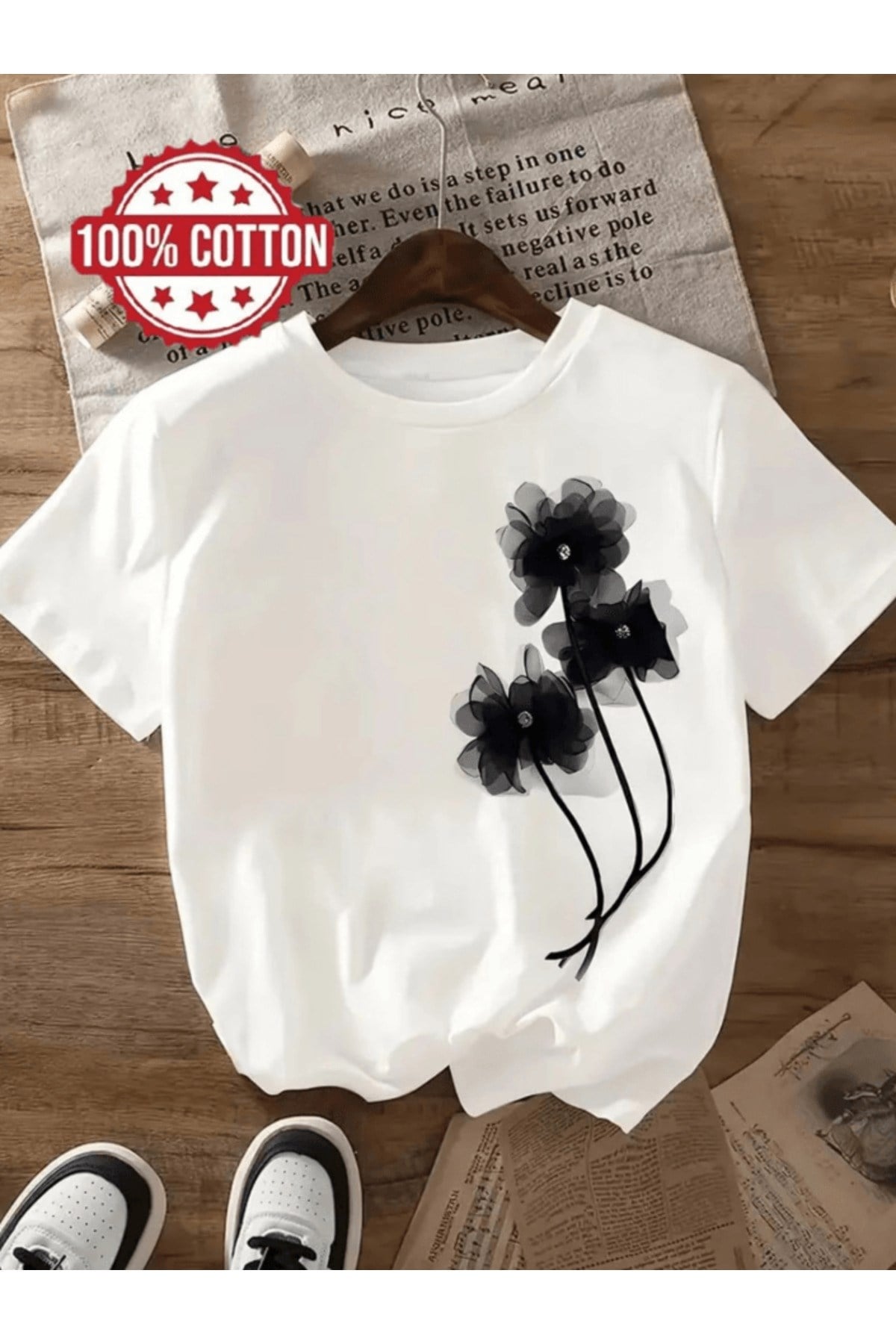 3 Adet Siyah Çiçek Baskılı Premium Oversize T-shirt