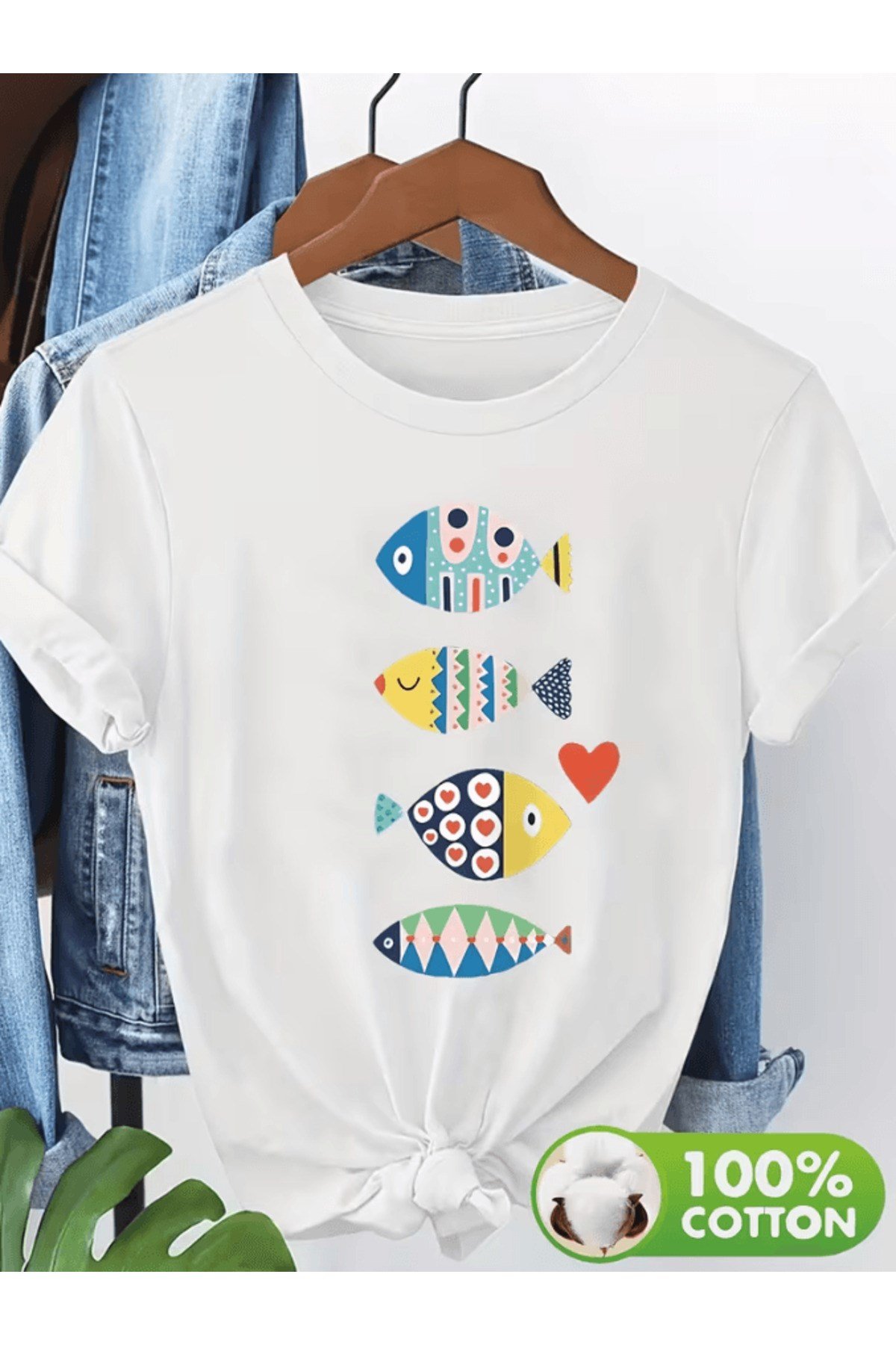 4 Adet Sevimli Balık Baskılı Premium Oversize T-shirt