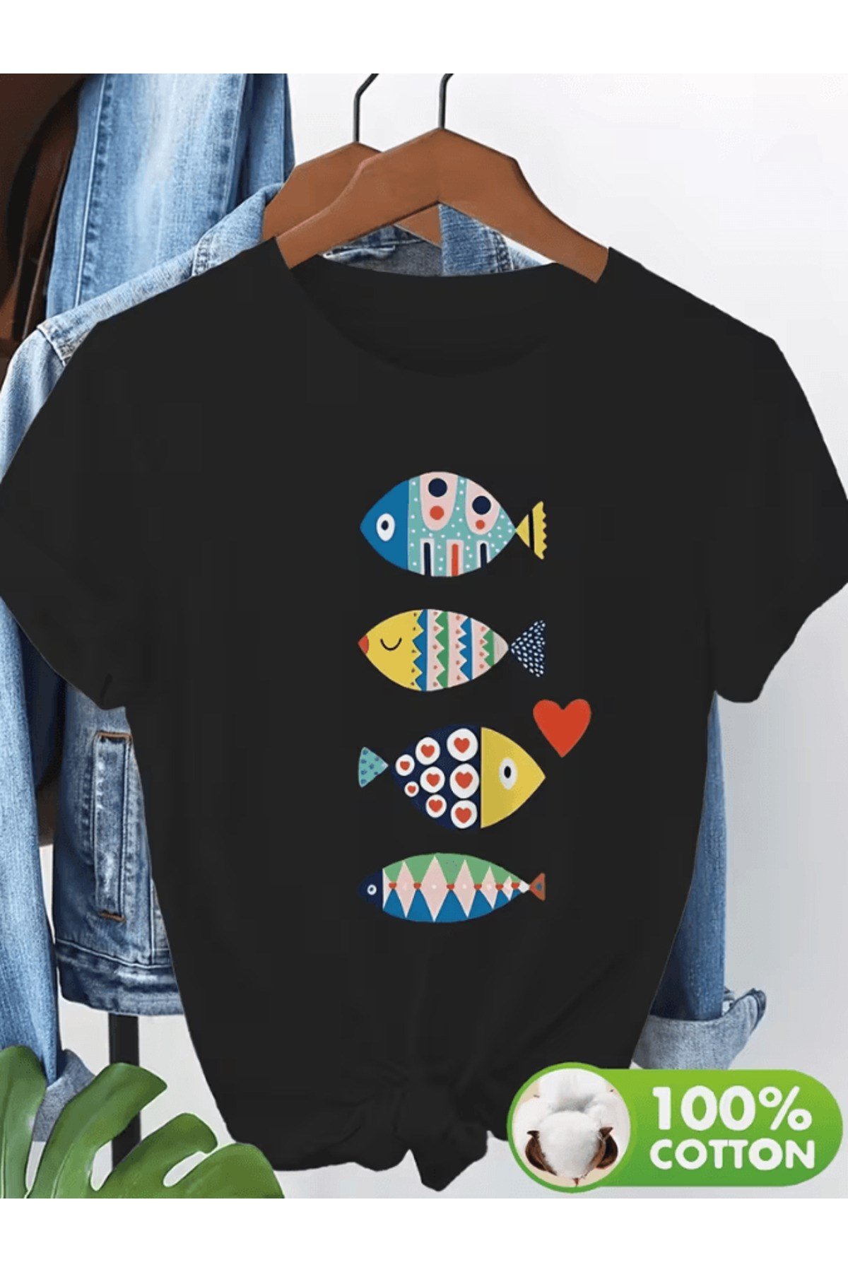 4 Adet Sevimli Balık Baskılı Premium Oversize T-shirt