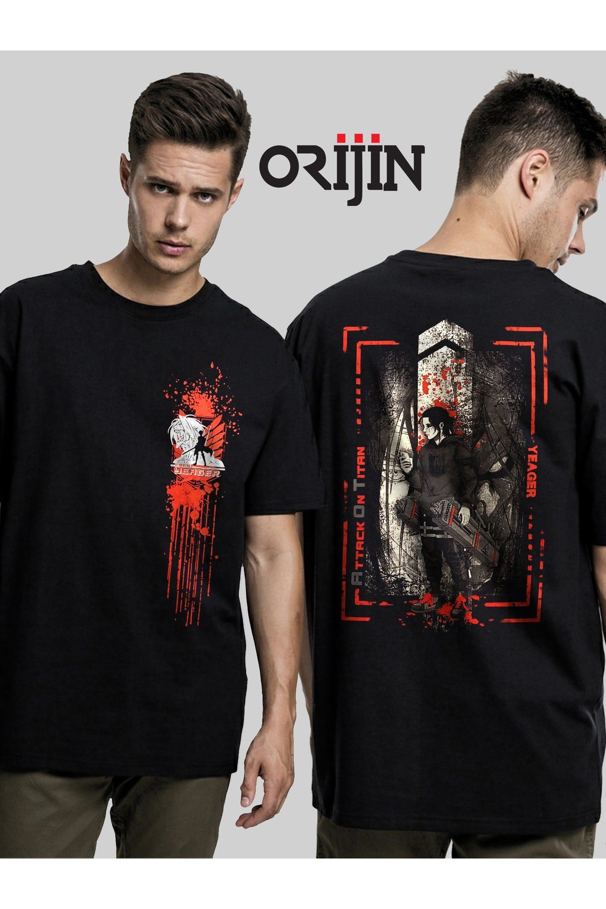 Attack On Titan Shingeki No Kyojin Eren Yeager Ön Arka Baskılı Unisex Siyah Tshirt