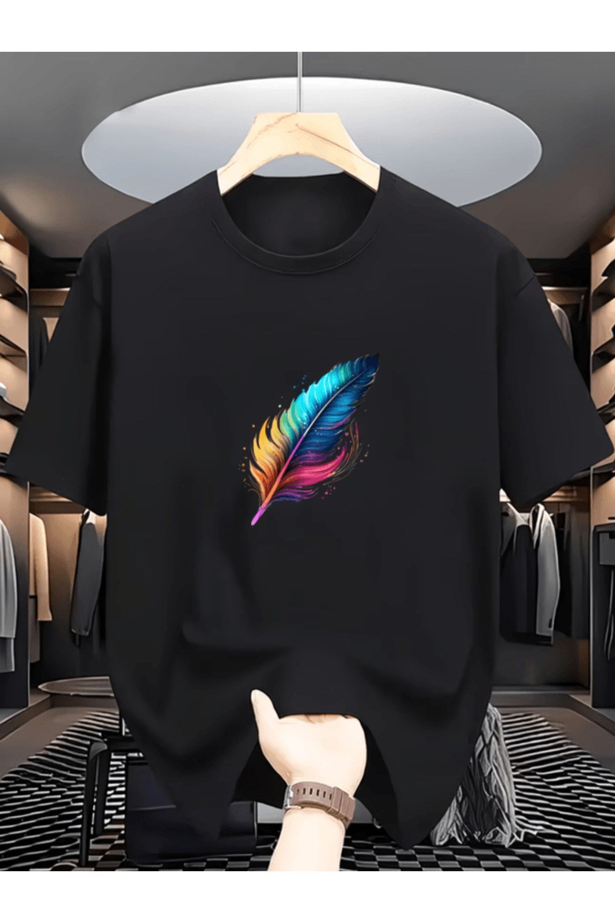 Bay 1 Adet Renkli Tüy Baskılı Premium Oversize T-shirt