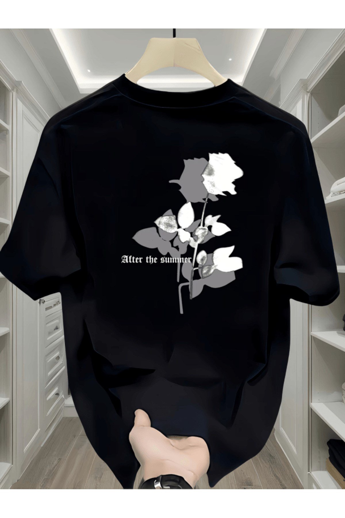 Bay After The Summer Gül Tasarım Baskılı Premium Oversize T-shirt