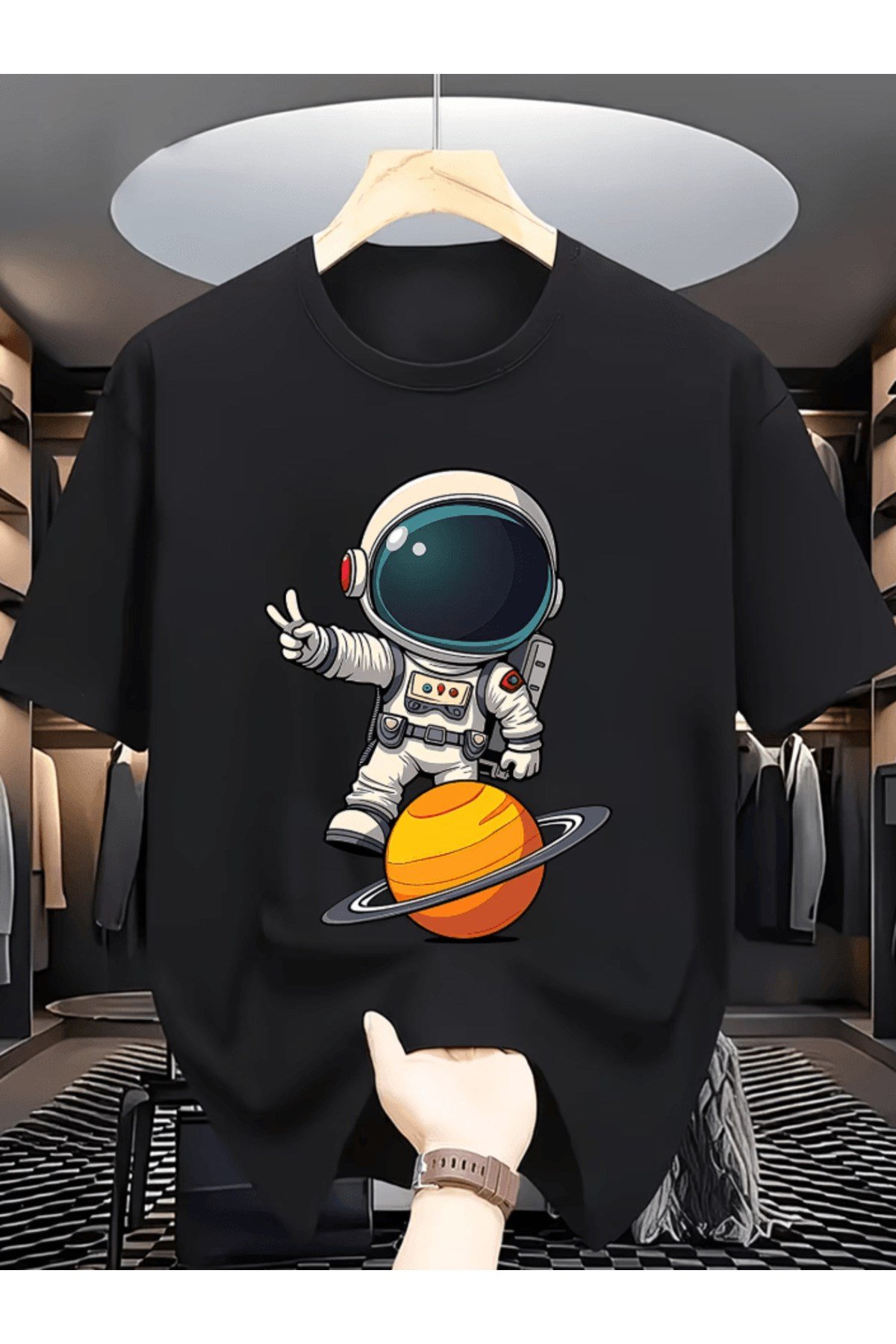 Bay Astronot Ve Uzay Tema Baskılı Premium Oversize T-shirt