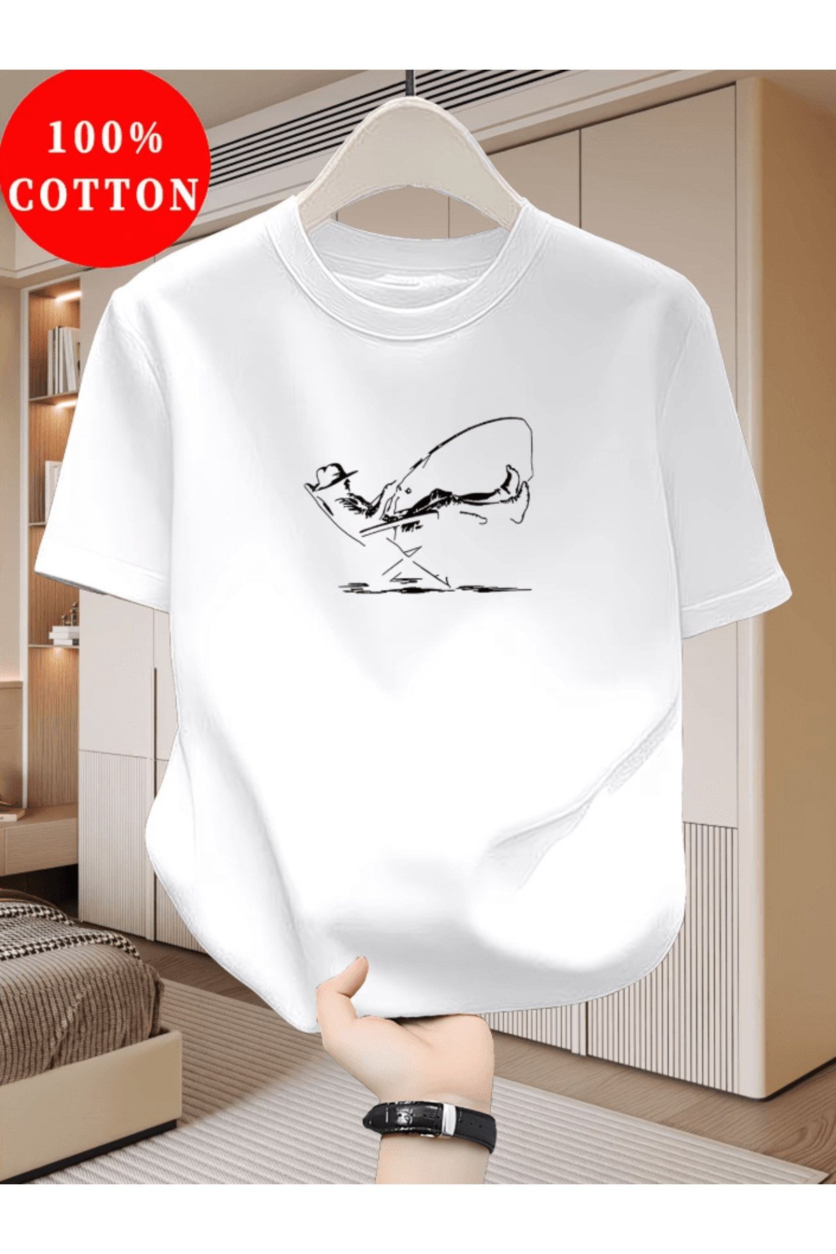 Bay Balık Tutan Adam Baskılı Premium Oversize T-shirt