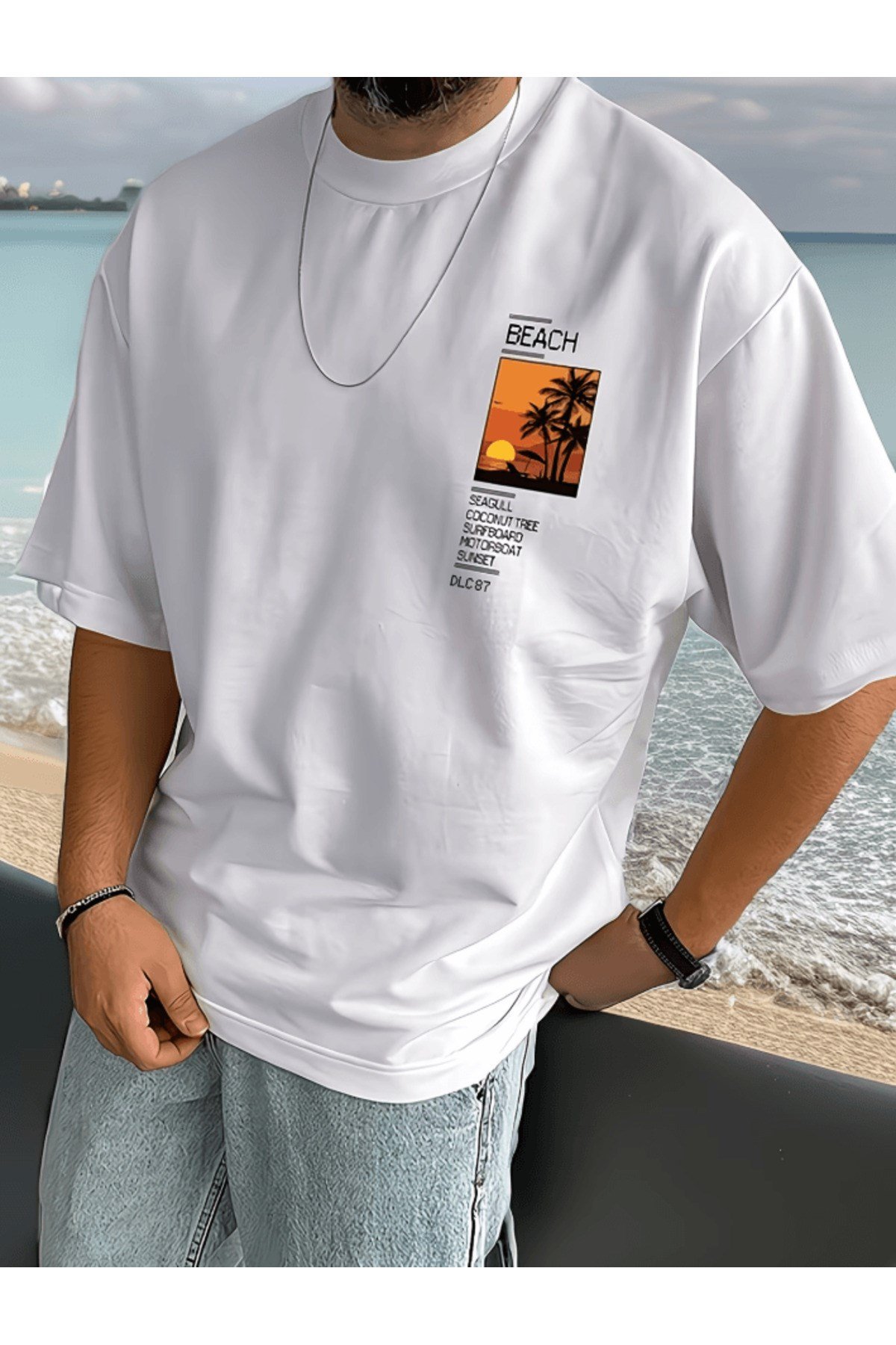 Bay Beach Dikey Baskılı Premium Oversize T-shirt