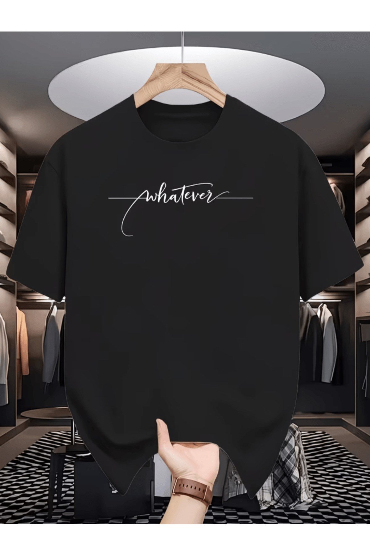 Bay Çizgili Whatever Tasarım Baskılı Premium Oversize T-shirt