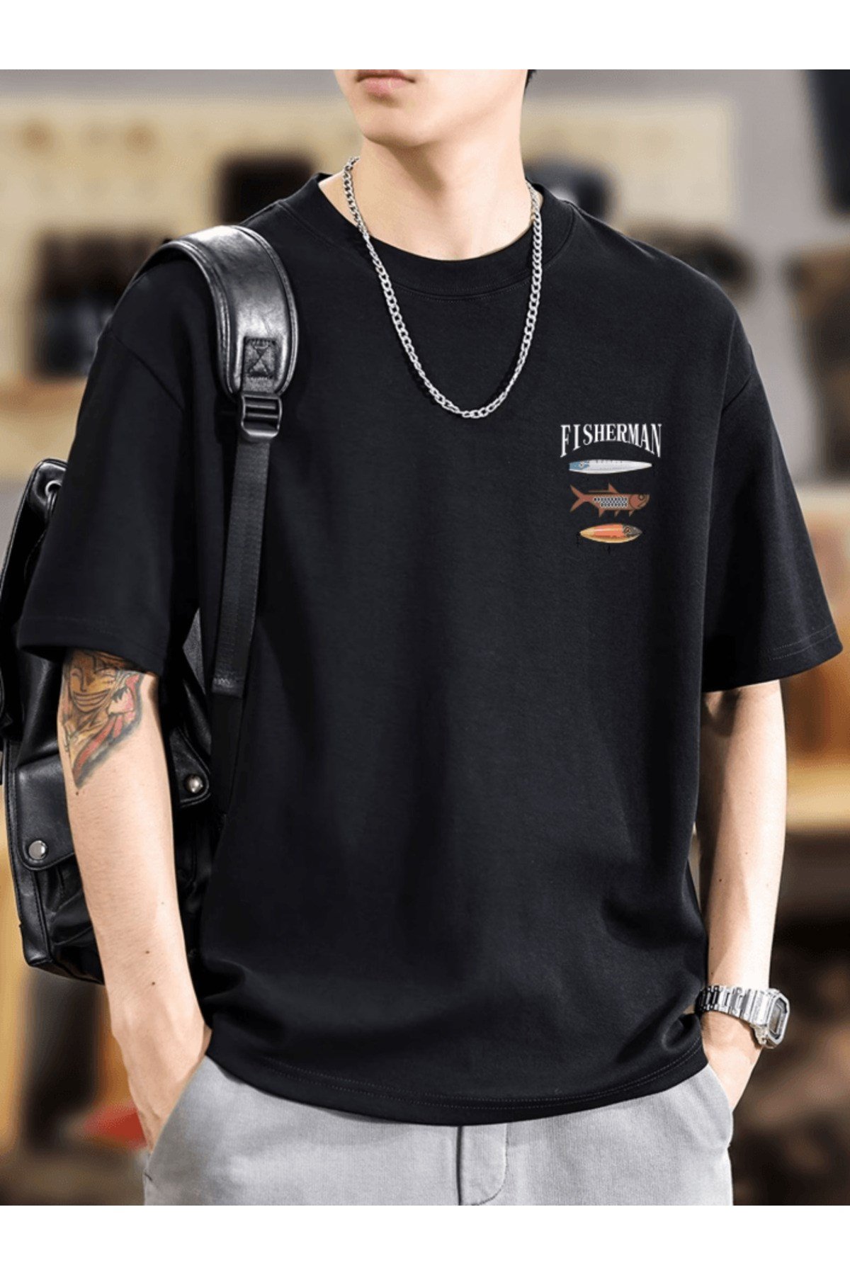 Bay Fısherman Göğüs Baskılı Premium Oversize T-shirt
