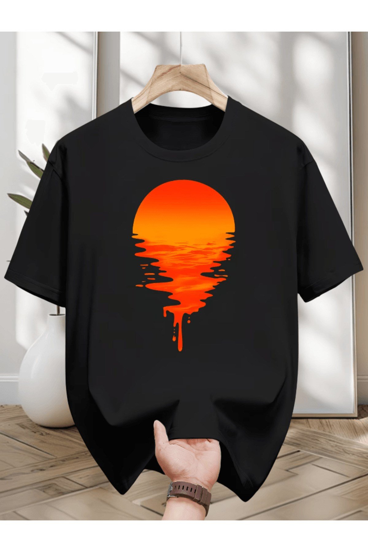 Bay Gün Batımı Baskılı Premium Oversize T-shirt