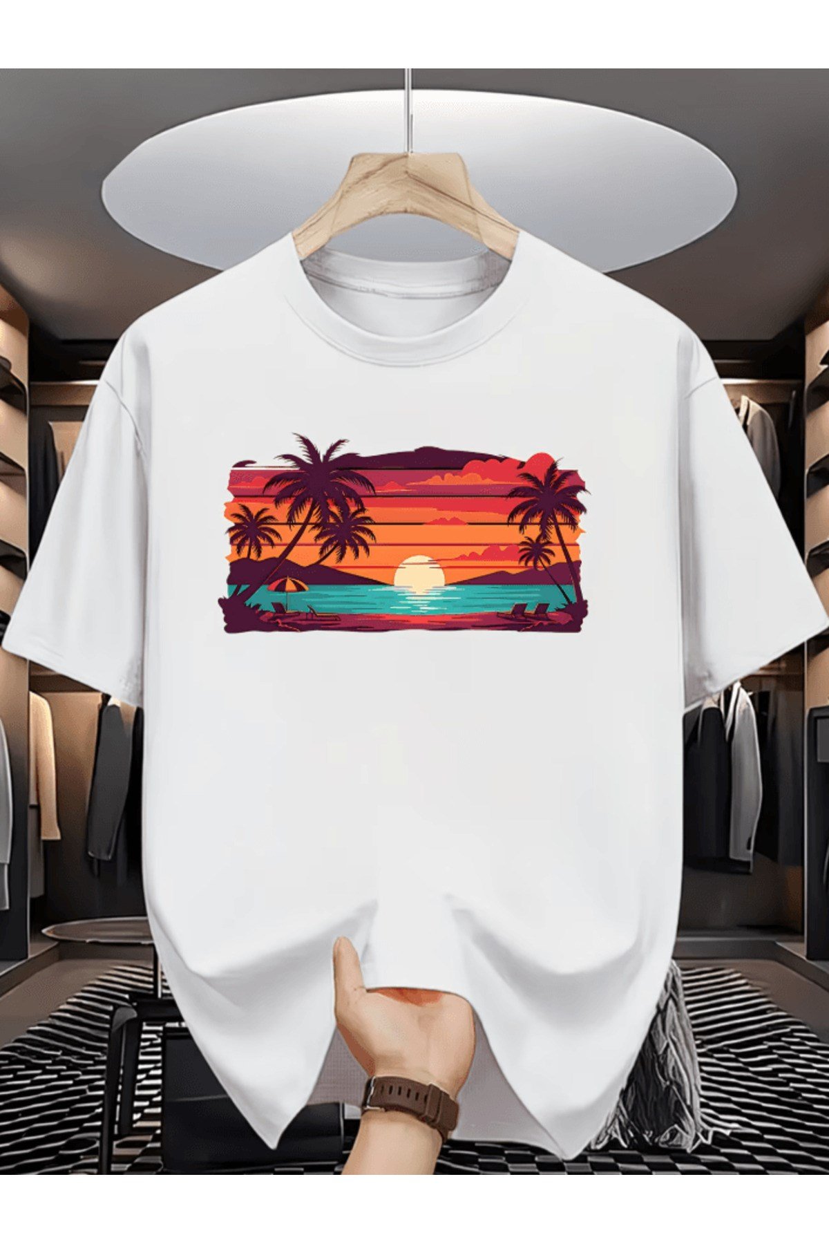 Bay Güneş Batış Ve Palmiye Ağaç Baskılı Premium Oversize T-shirt