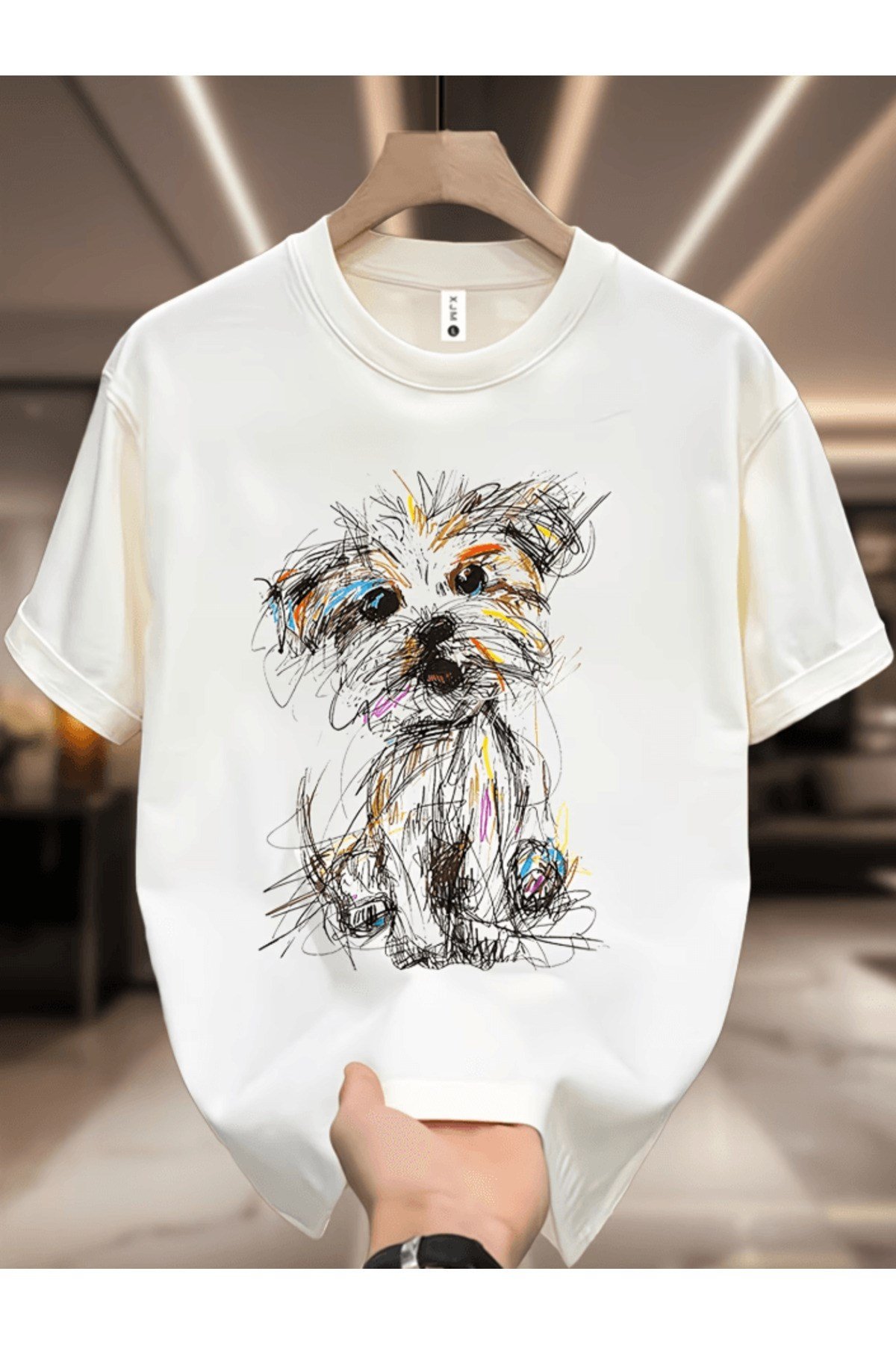 Bay Renkli Çizgi Köpek Baskılı Premium Oversize T-shirt