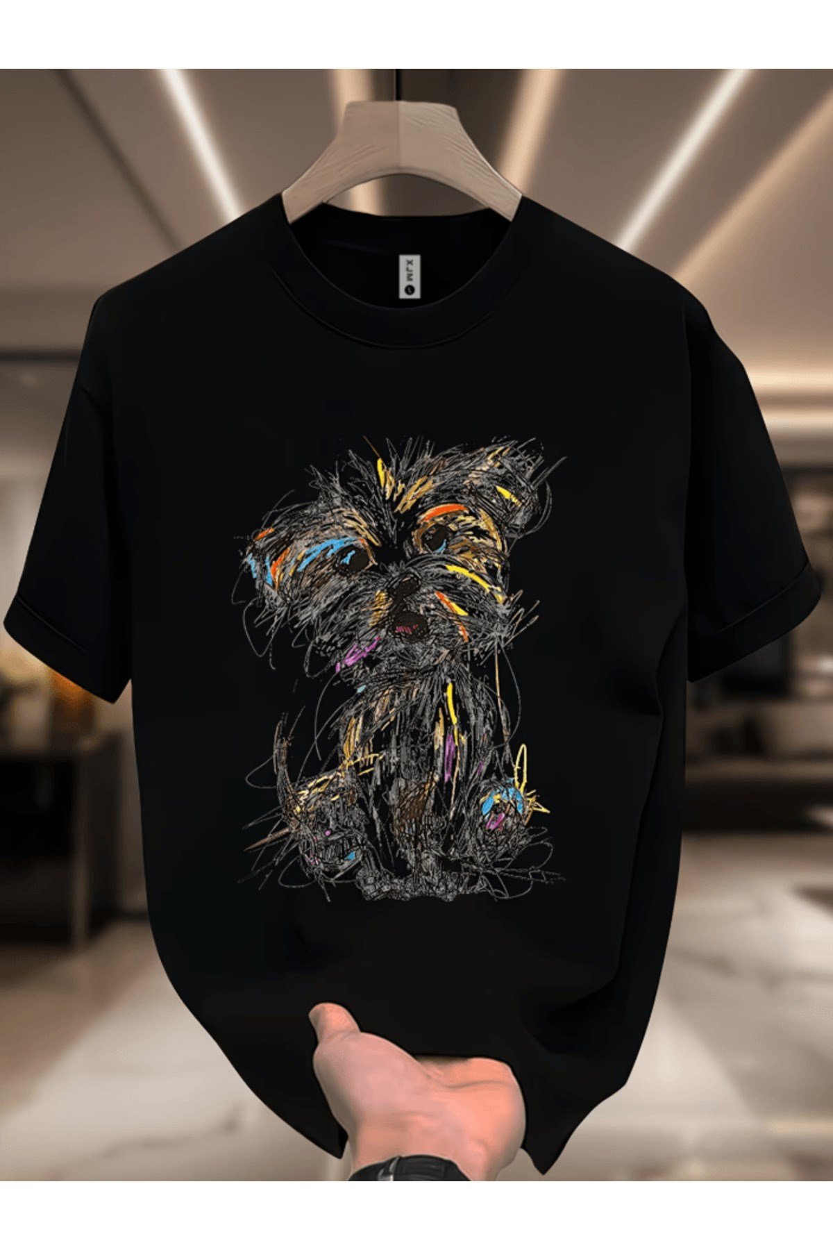 Bay Renkli Çizgi Köpek Baskılı Premium Oversize T-shirt