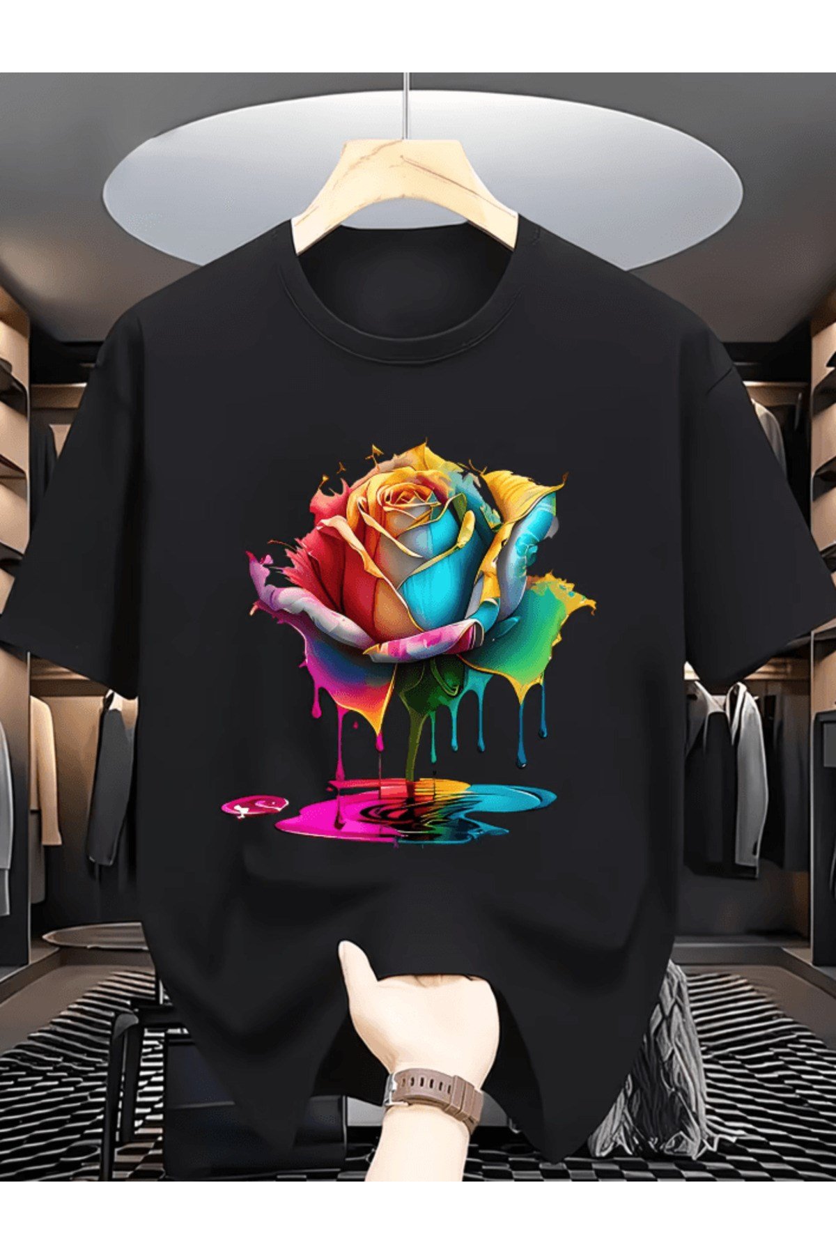 Bay Renkli Gül Baskılı Premium Oversize T-shirt