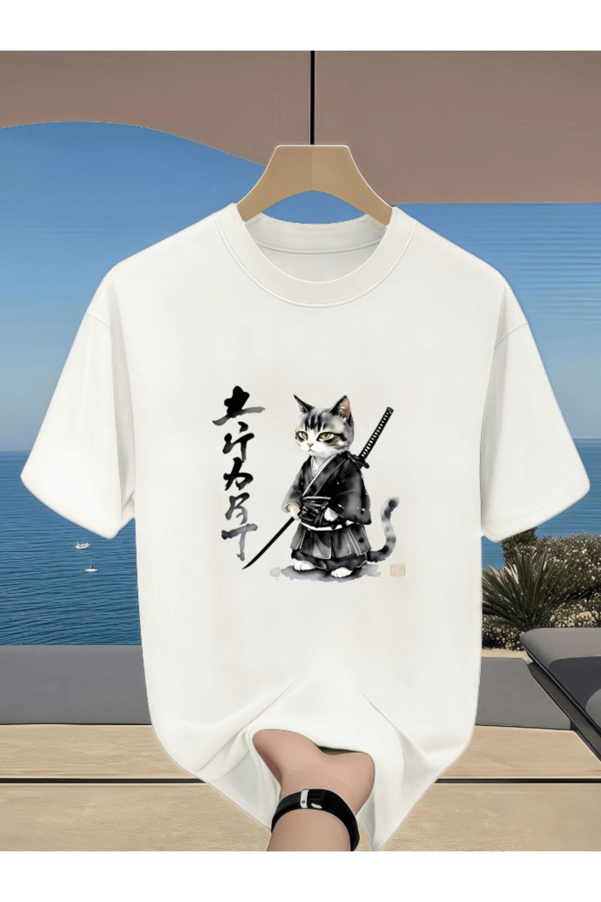 Bay Savaşçı Kedi Baskılı Premium Oversize T-shirt