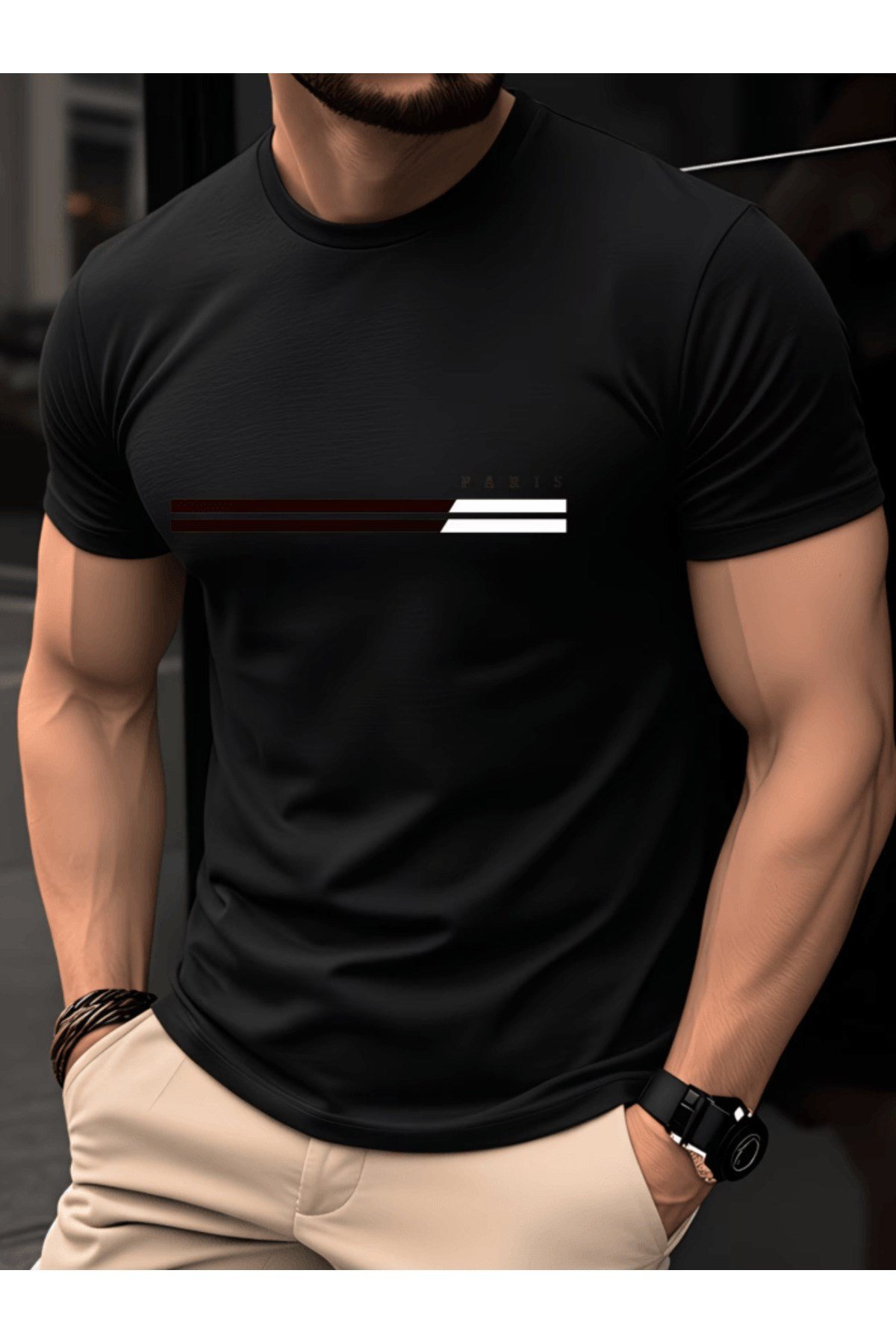 Bay Siyah Beyaz Şerit Paris Baskılı Premium Oversize T-shirt