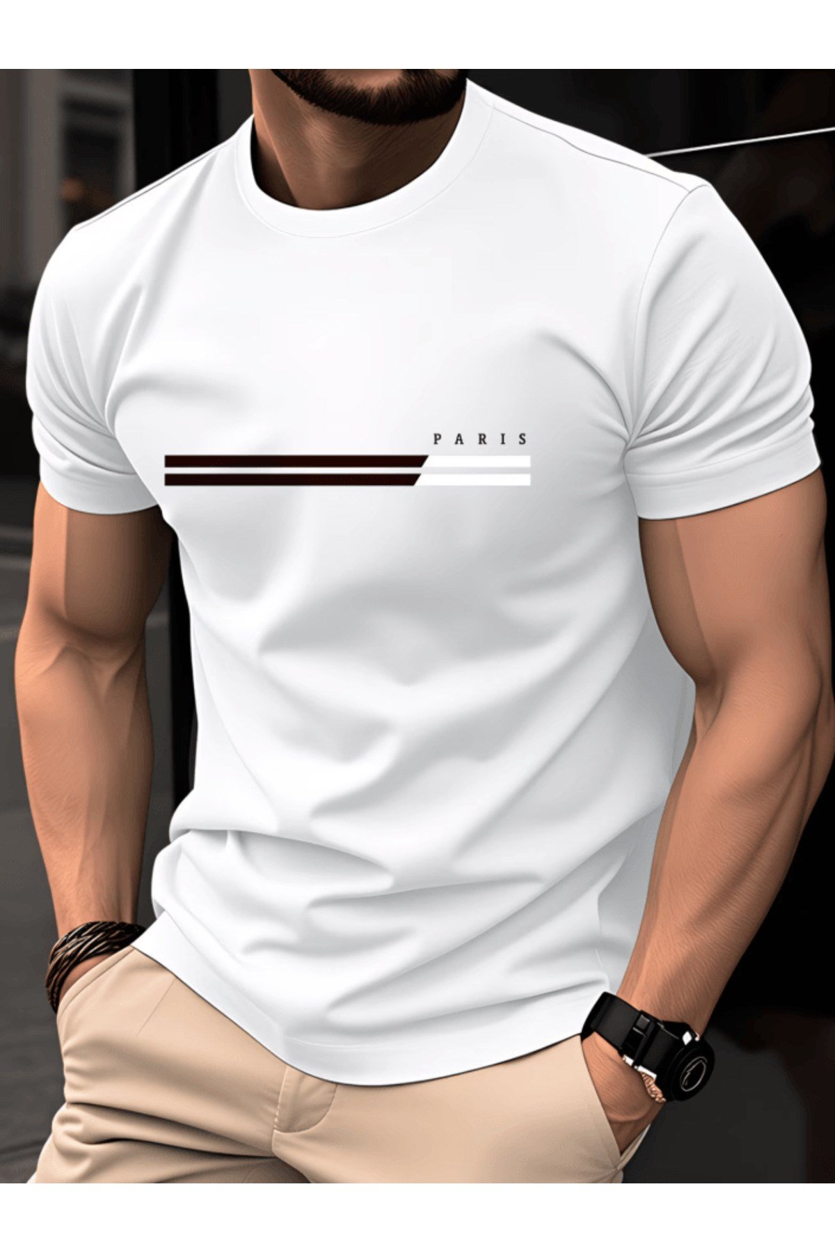 Bay Siyah Beyaz Şerit Paris Baskılı Premium Oversize T-shirt