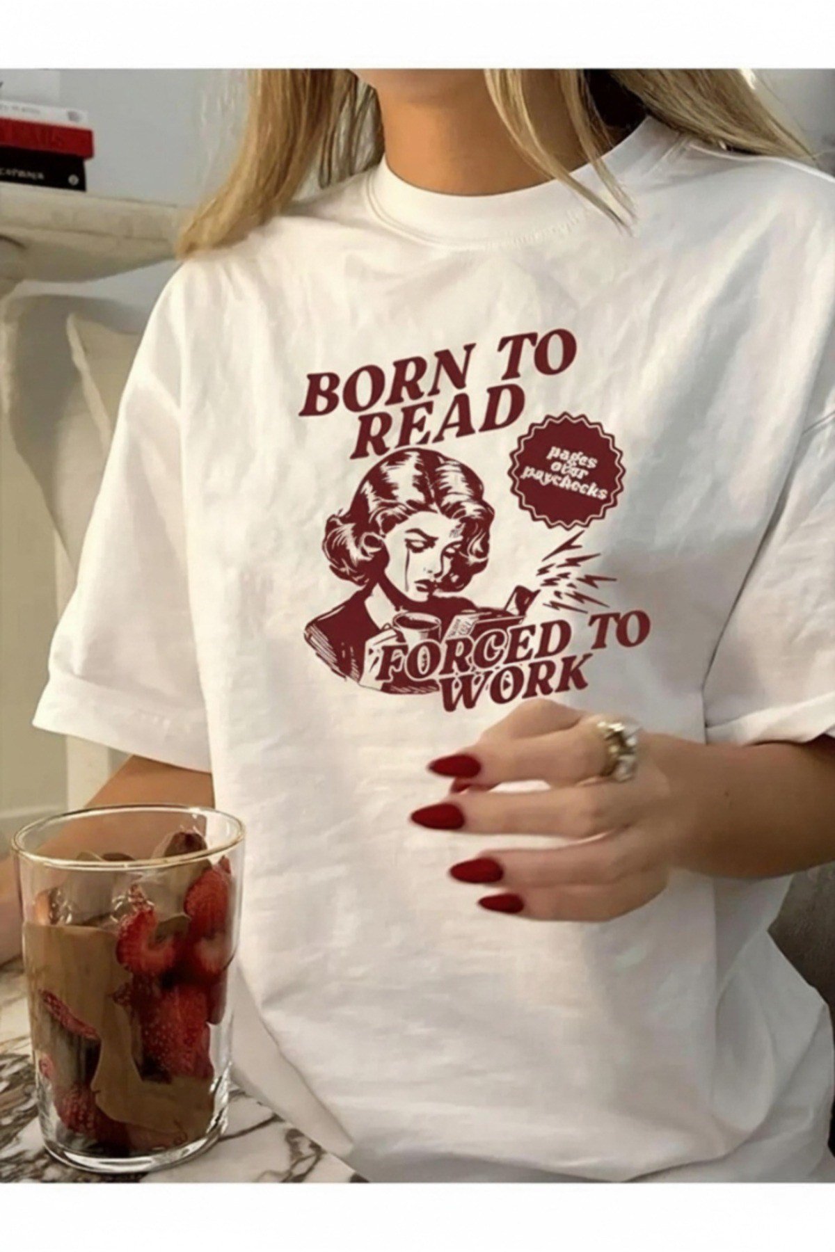 Beyaz Born To Read Baskılı Basic Bisiklet Yaka Regular T-shirt %100 Pamuk