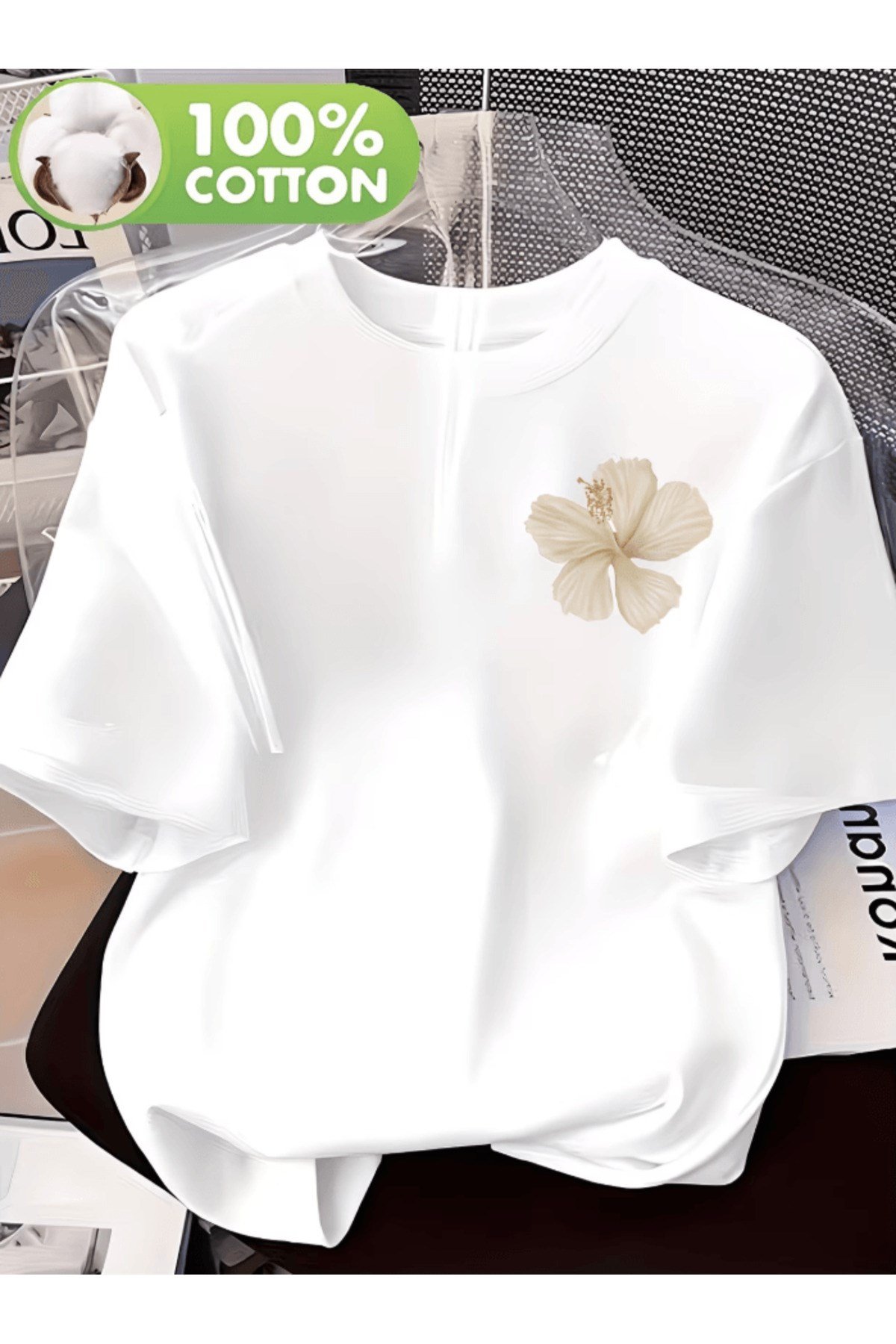 Beyaz Çiçek Baskılı Premium Oversize T-shirt