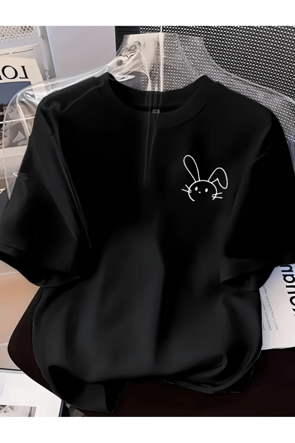 Büyük Beden Mini Sevimli Tavşan Baskılı Premium Oversize T-shirt