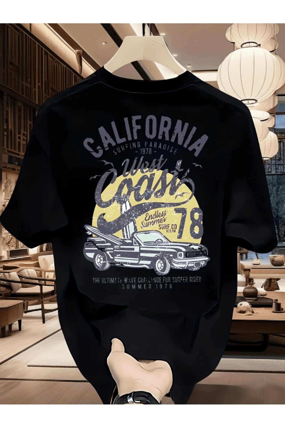 California Yazılı Vintage Araba Baskılı Premium Oversize T-shirt