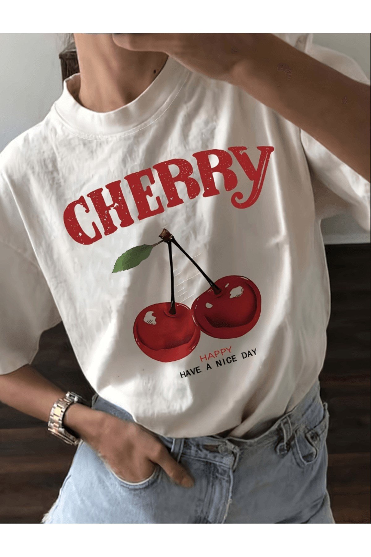 Cherry Happy Have A Nice Day Baskılı Premium Oversize T-shirt