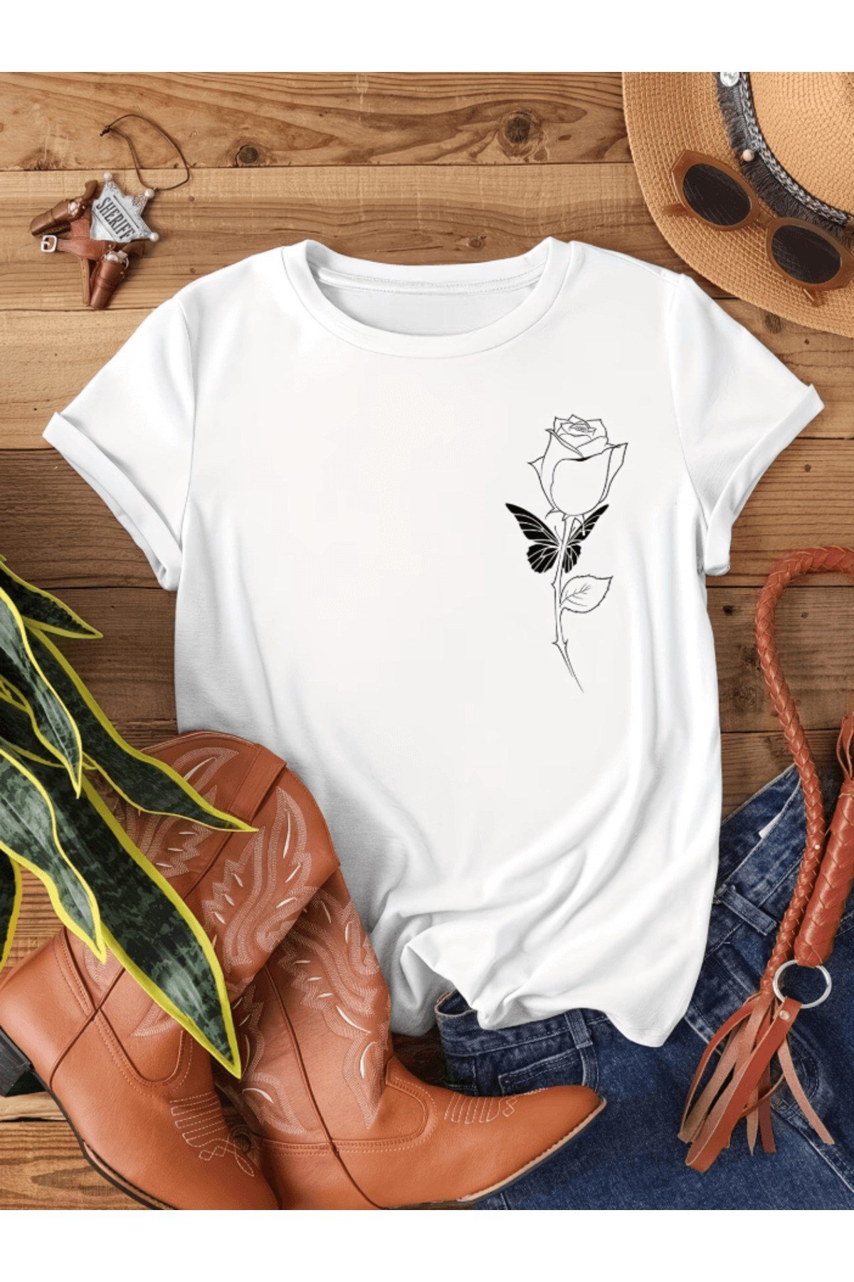 Çizgi Siyah Gül Baskılı Premium Oversize T-shirt