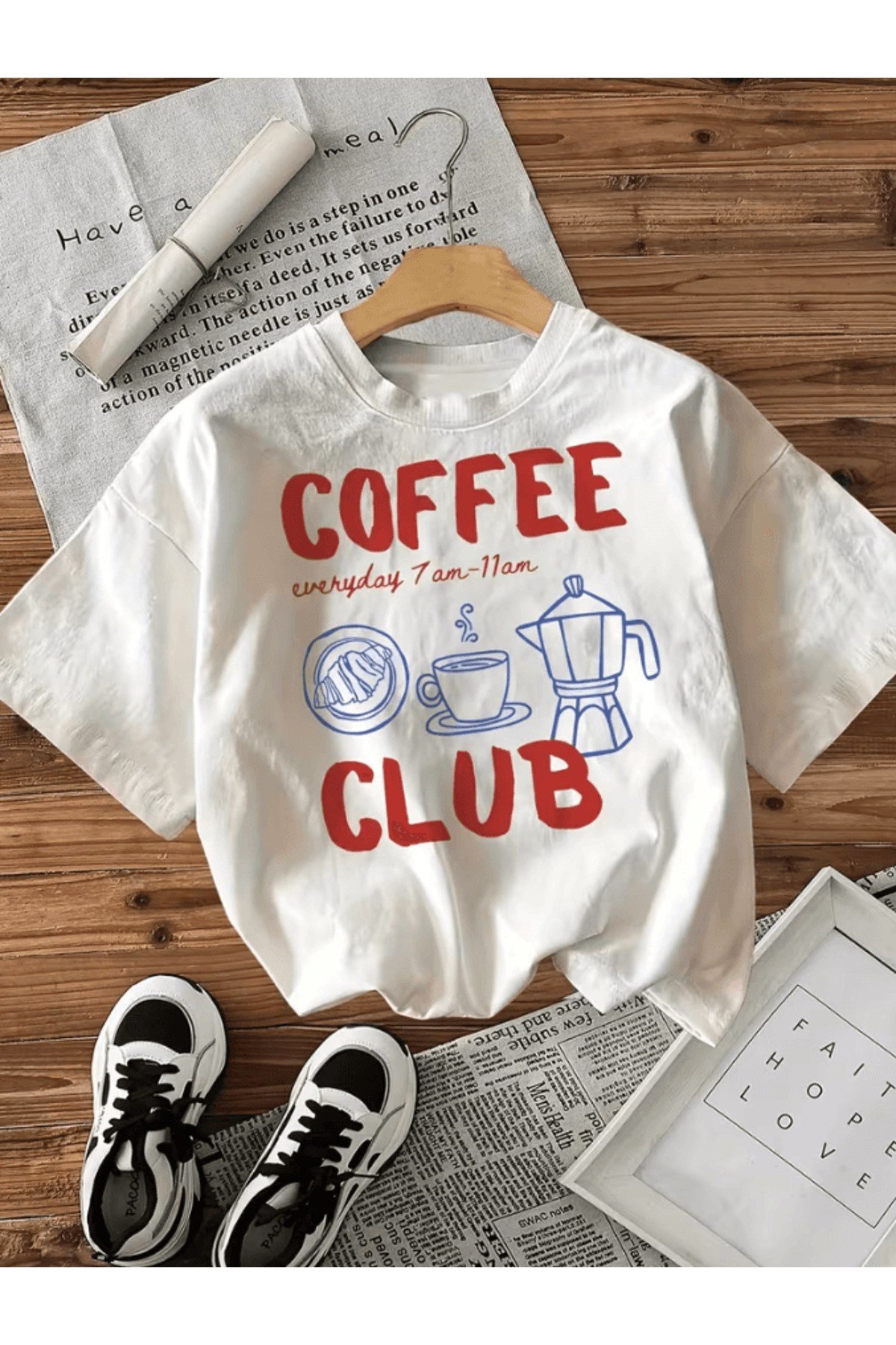 Coffee Club Kahve Detay Baskılı Premium Oversize T-shirt