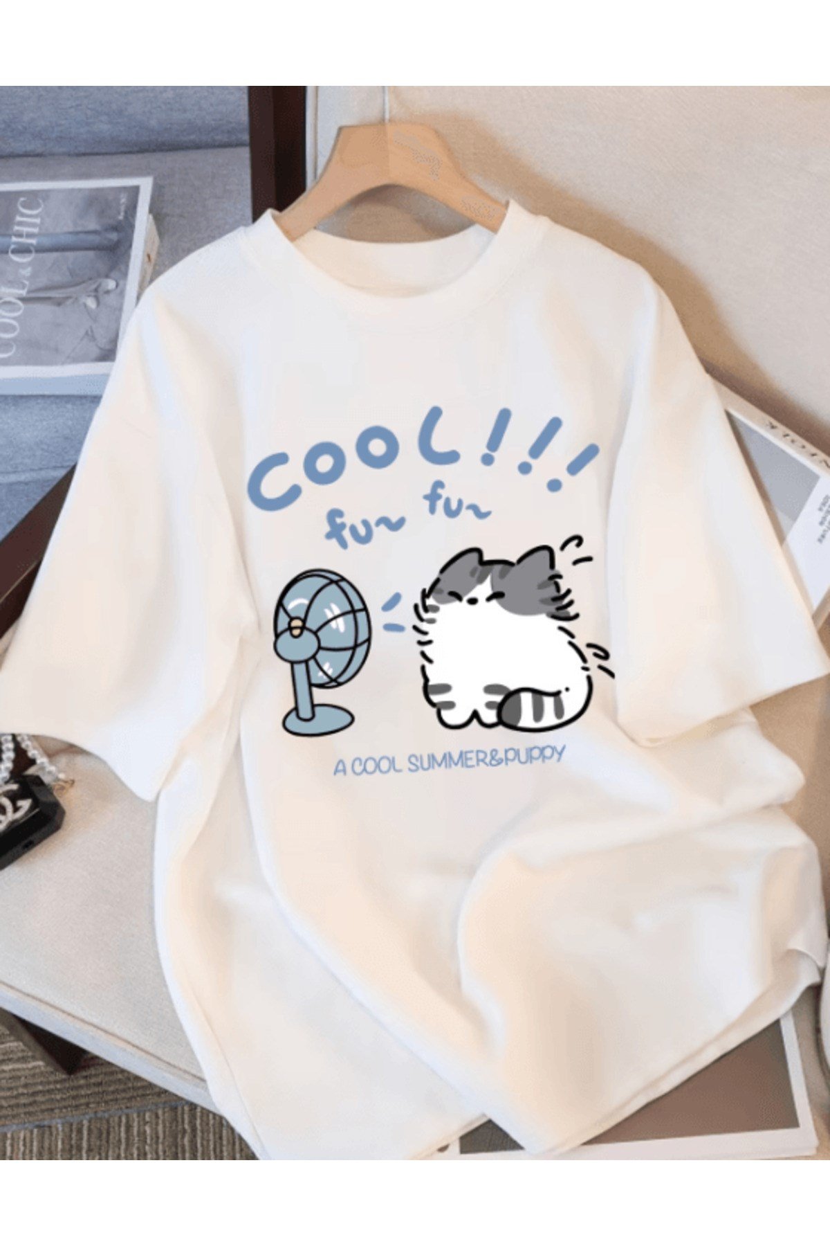 Cool Tasarım Kedi Baskılı Premium Oversize T-shirt