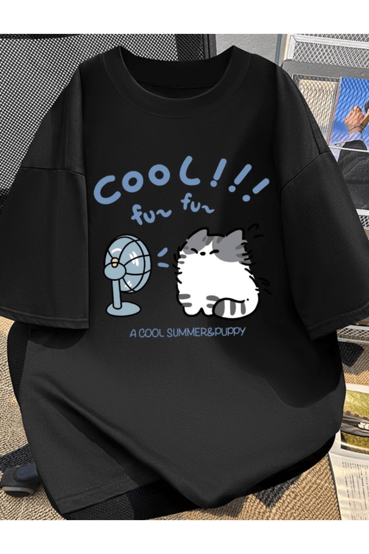 Cool Tasarım Kedi Baskılı Premium Oversize T-shirt