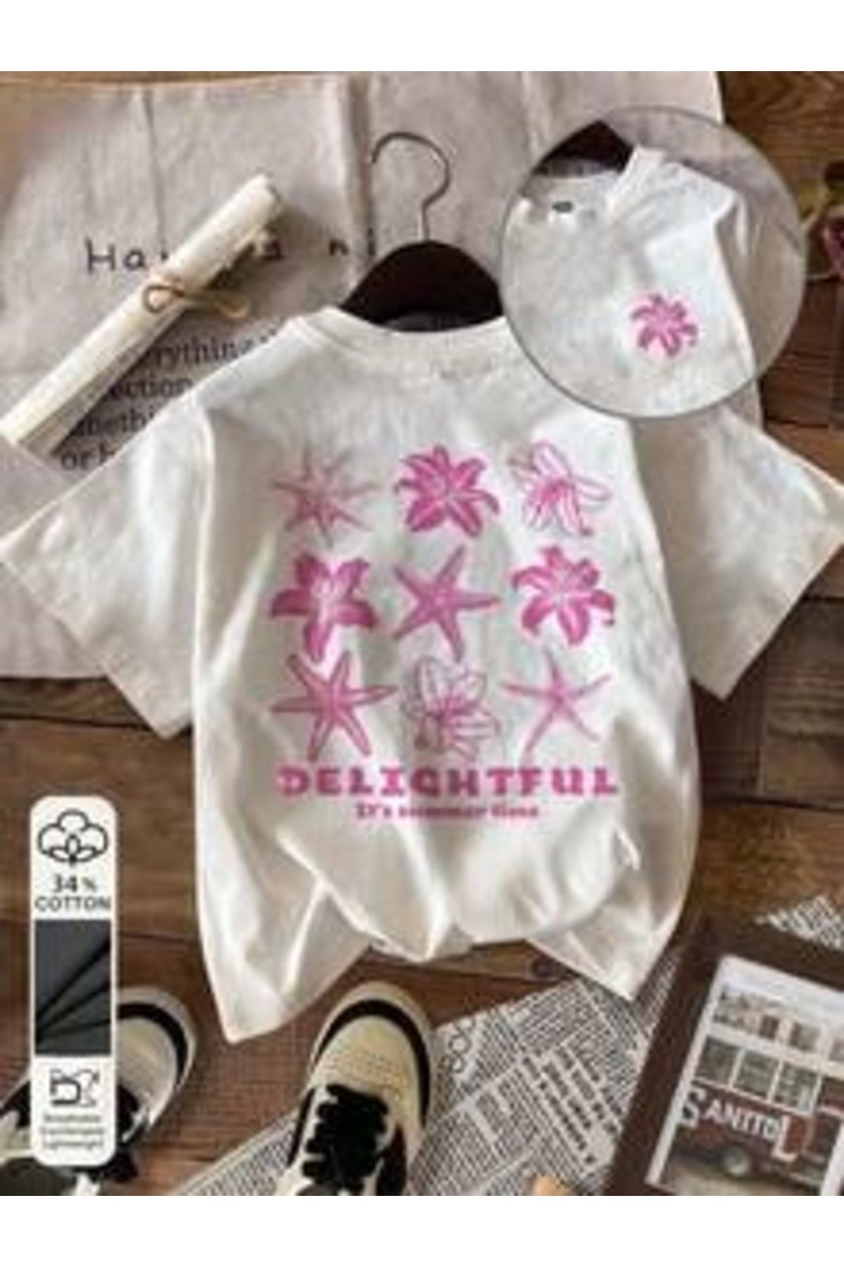 Delightful It's Summer Time Pembe Desen Baskılı Premium Oversize T-shirt