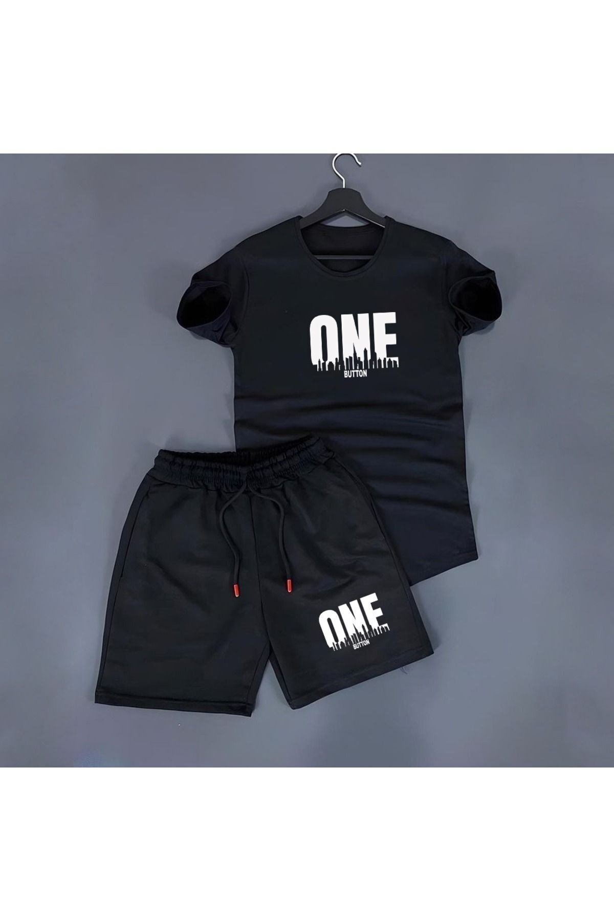 Detaylı Unisex Siyah Oversize Yaka T-shirt Ve Siyah Şort Seti, Yaza Özel Seri.