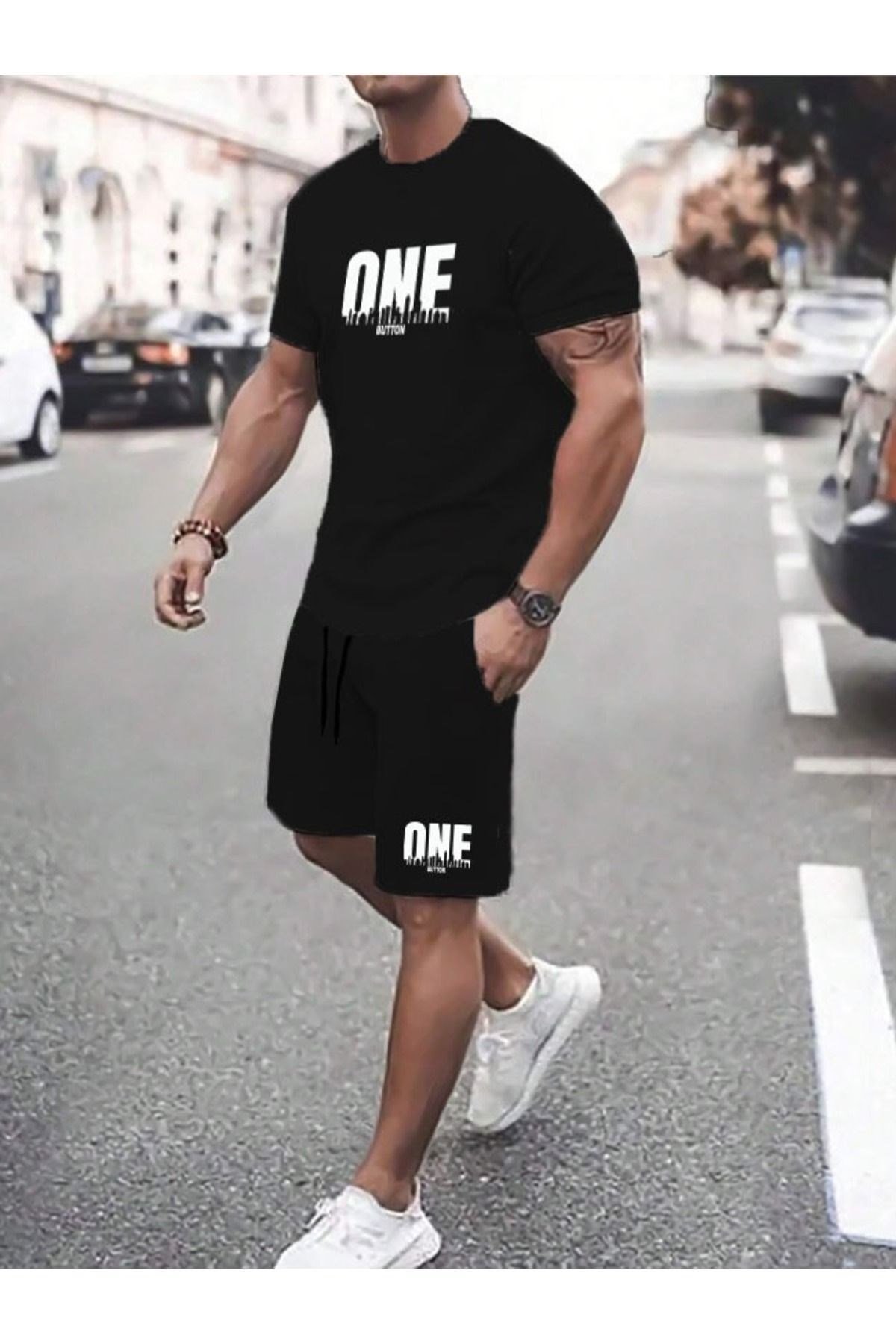 Detaylı Unisex Siyah Oversize Yaka T-shirt Ve Siyah Şort Seti, Yaza Özel Seri.