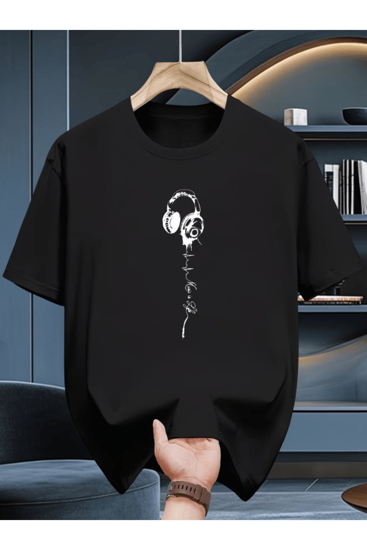 Dikey Kulaküstü Kulaklık Baskılı Premium Oversize T-shirt