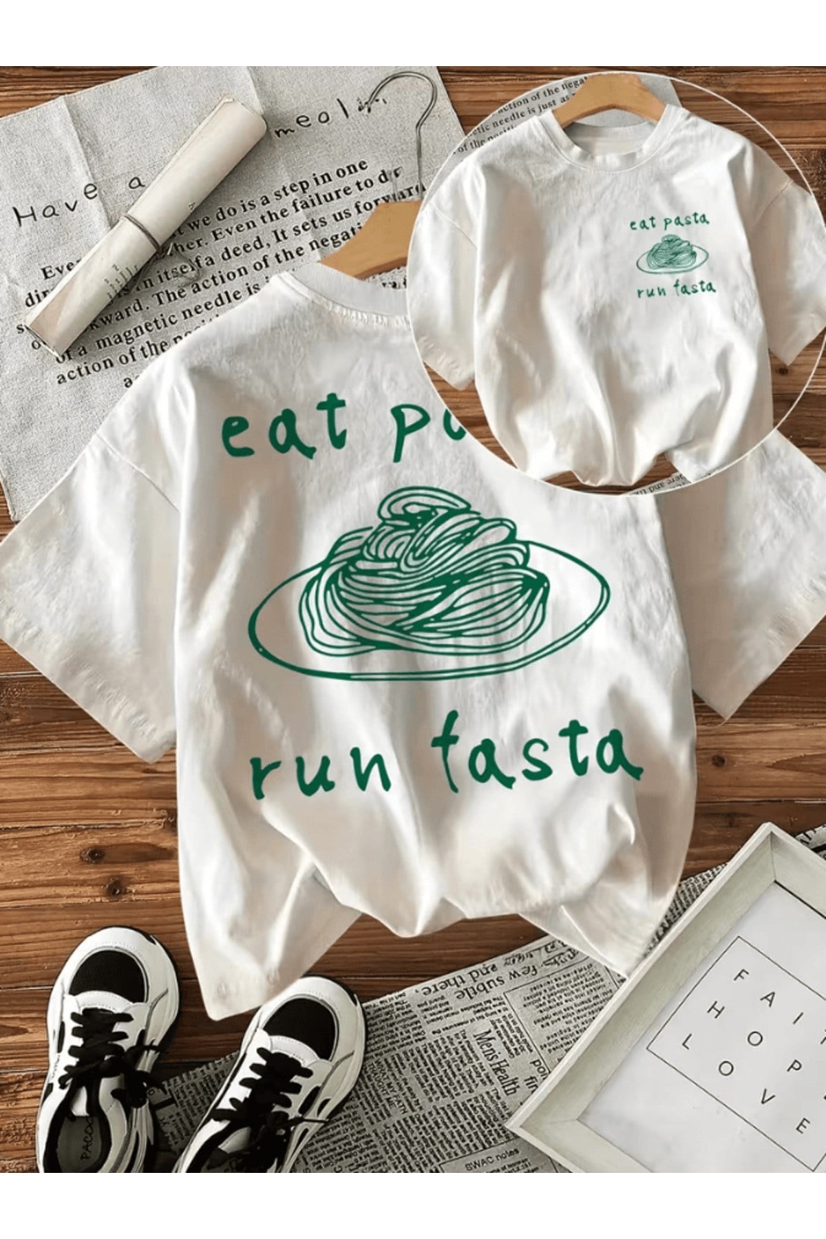 Eat Pasta Çift Taraf Baskılı Premium Oversize T-shirt